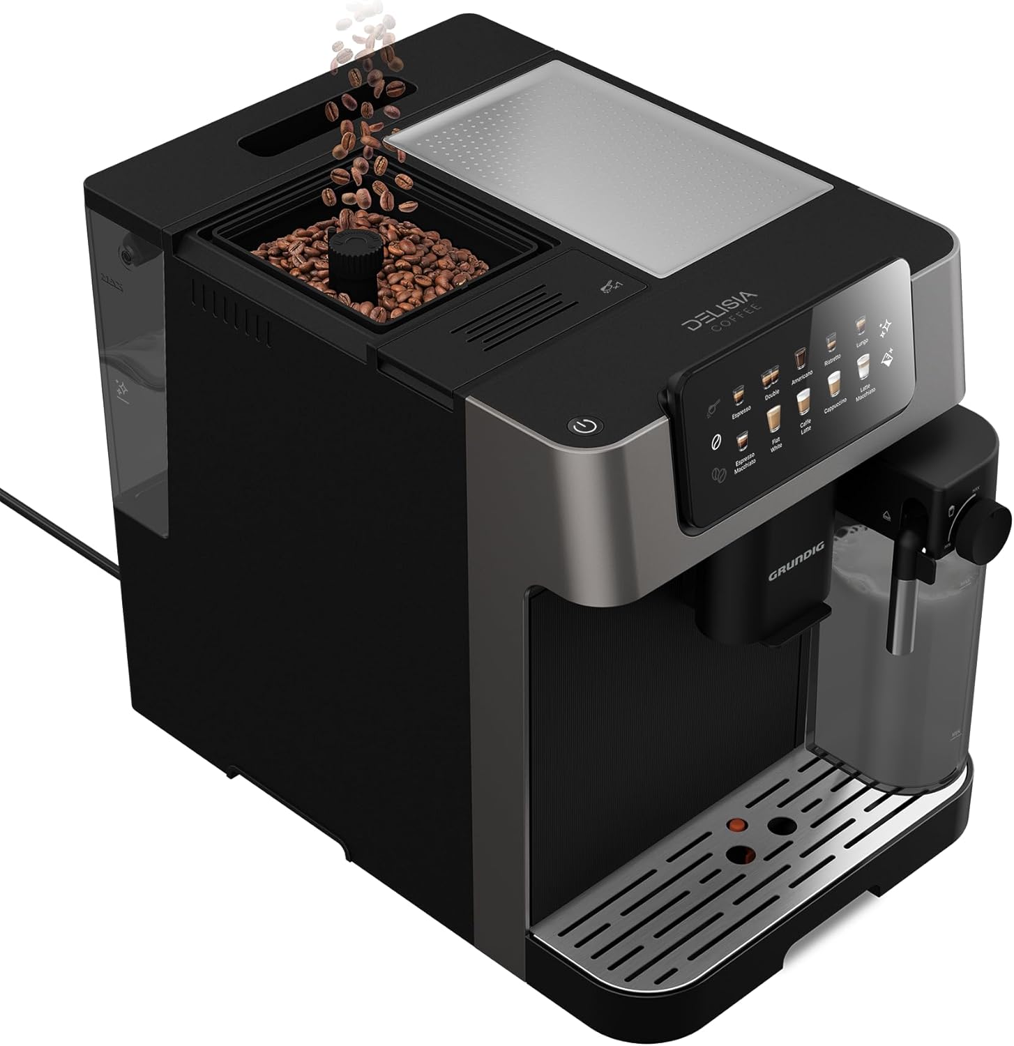 GRUNDIG KVA 7230 volautomatische koffiemachine, 10 koffiespecialiteiten, 13 maalfijnheden, melkreservoir, krachtig 1350 W, 19 bar pompdruk, dubbele uitloop, verlichting, Zwart/Donkerzilver