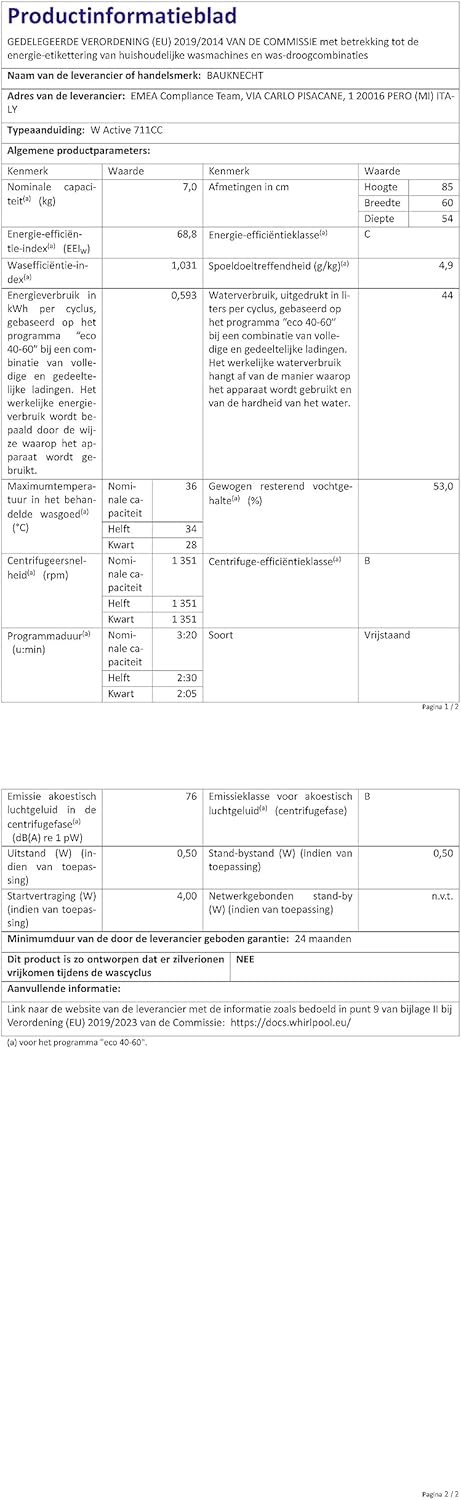 Bauknecht W Active 711 B wasmachine-voorlader/ 7 kg/ 1400 tpm/ Krachtige vlekverwijdering/ Stoomprogramma's/ Steam Hygiene met antivirus/ Steam Refresh/ Stop&Add-functie/ Dynamic Inverter-motor