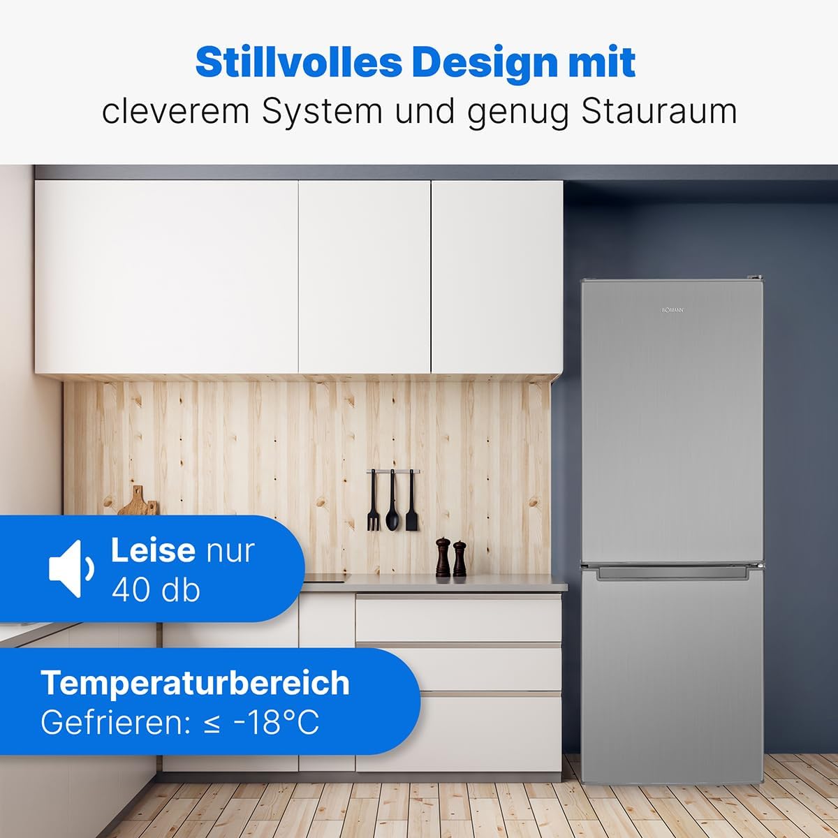 Bomann® Koelkast met vriesvak 143 cm hoog | Koelvriescombinatie 173L met 3 plateaus & 3 laden | Deurrichting omkeerbaar | stille koelvriescombinatie 40dB | Koelkast | KG 7331 inox