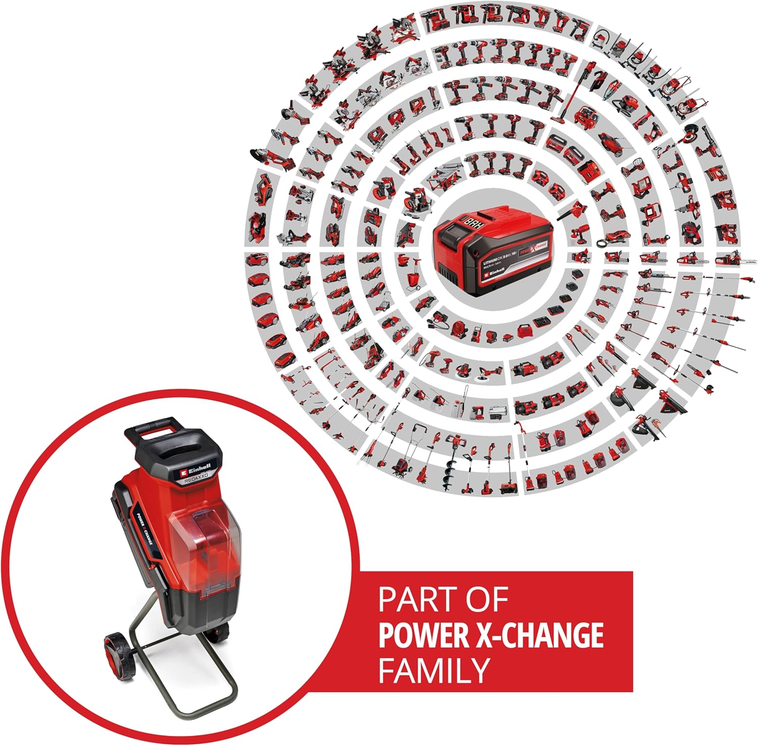 Einhell accu-hakselaar REDAXXO 36/25 Power X-Change (36 V, max. 25 mm takdikte, 3 omkeerbare stalen messen, 55 L opvangzak, transporthandgreep, aanstamper)