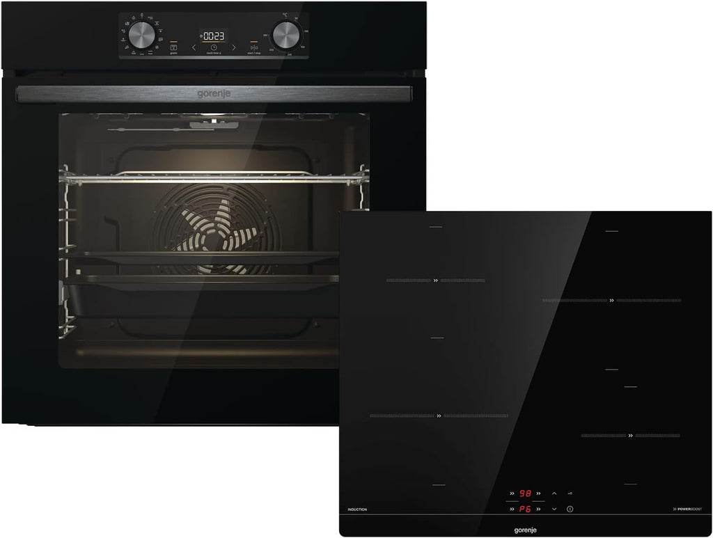 Gorenje 738971 Inbouw Ovenset OptiBake Black Steam Pyro Set / 77L / Hetelucht/Pyrolyse/ExtraSteam/GentleClose/AirFry/Pizzamode 300°C/PerfectGrill/Inductiekookplaat met BridgeZone/zwart