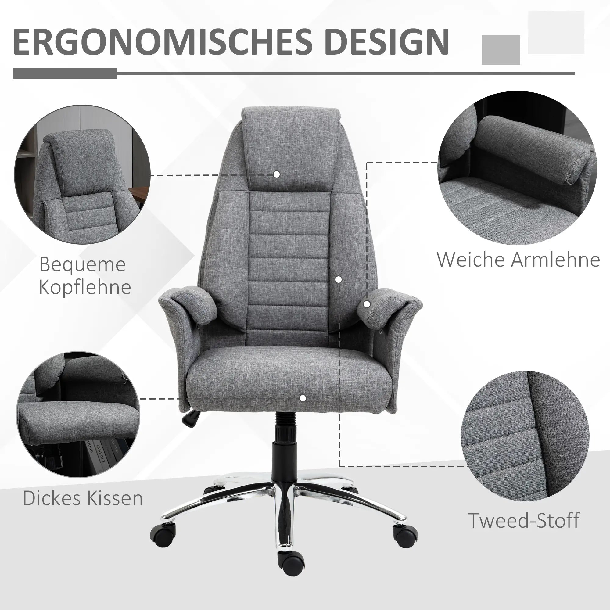 HOMCOM Bureaustoel Draaistoel Retro Design in hoogte verstelbaar grijs