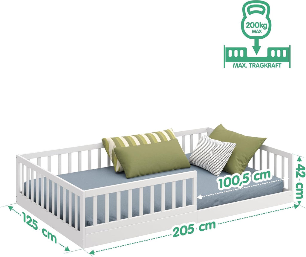 CADANI Timi 2in1 Bodenbett 140x200 cm Montessori Kinderbett mit abnehmbaren Rausfallschutz inkl. Lattenrost, Kiefer Massivholz, weiß - 3 Aufbauvarianten, bis 200 kg belastbar, umbaubar