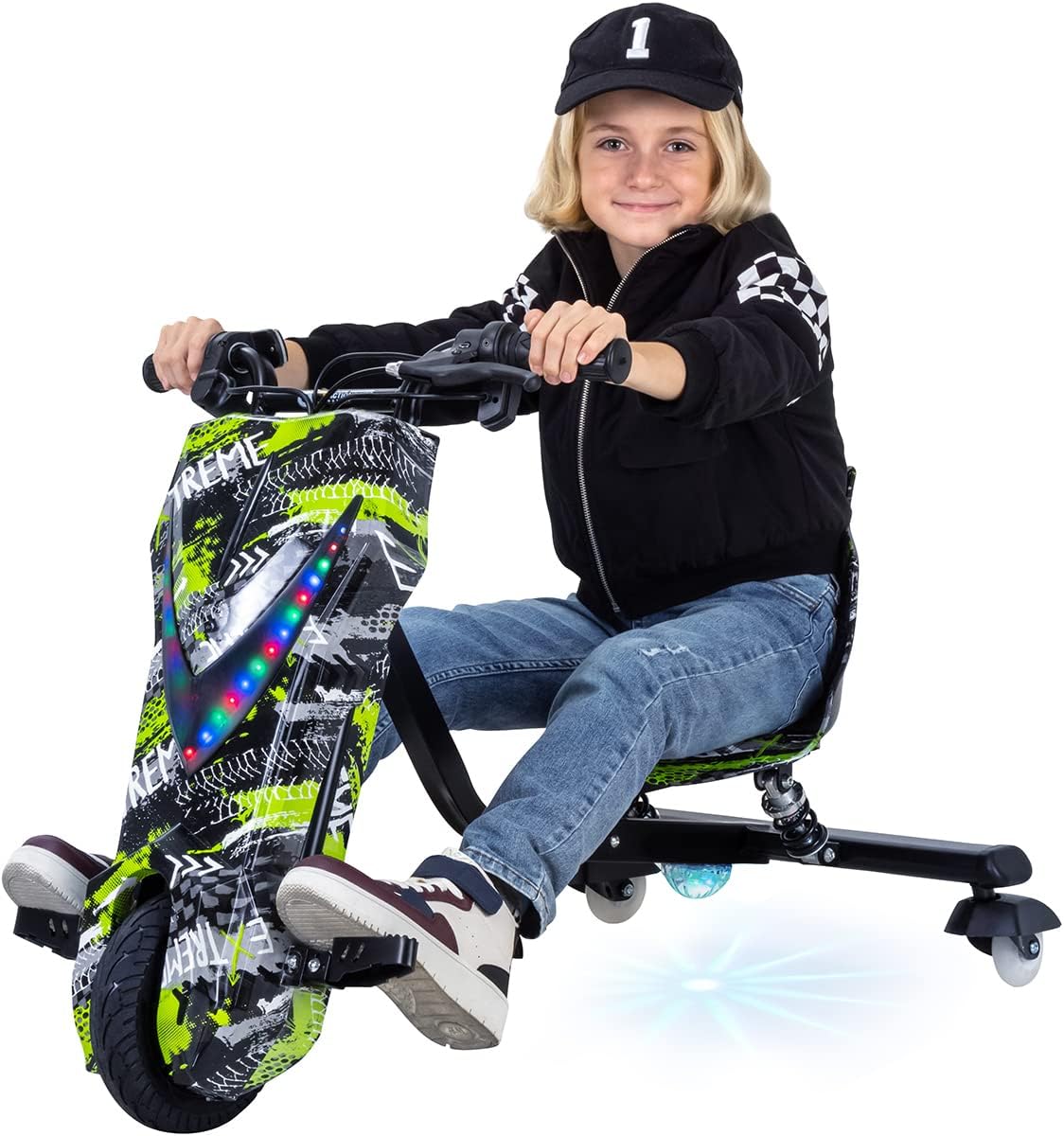 Actionbikes Motors Kinder elektrische driftscooter | 𝟐𝟓𝟎 Watt Motor - Drift Cart 360°- 3 snelheidsniveaus - LED-verlichting - Verstelbare stoel - Bluetooth - Drift Kart - Drift Auto (Space Purple)