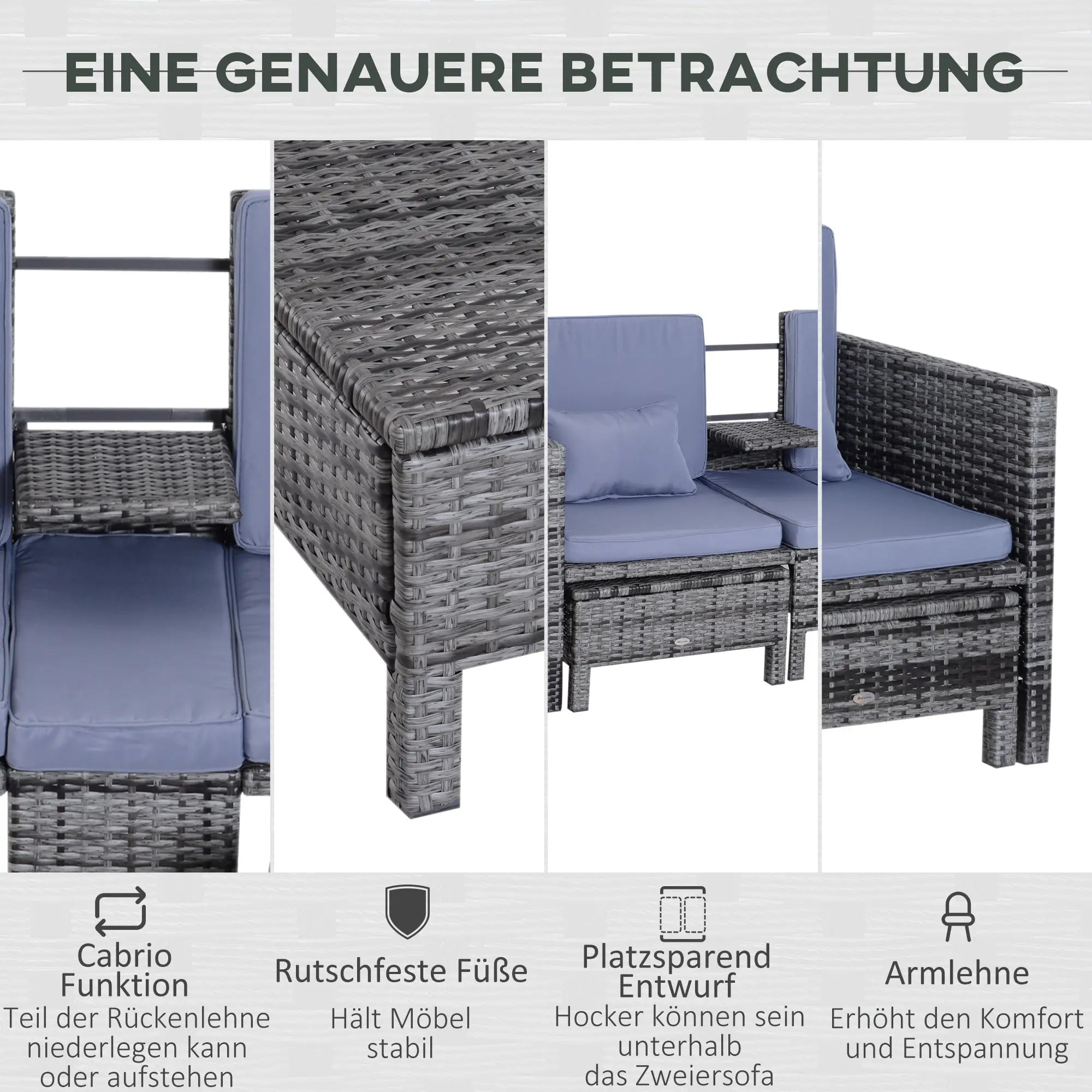 Outsunny Polyrattan Tuinbank Set 3-delig 2-in-1 Rugleuning Buiten