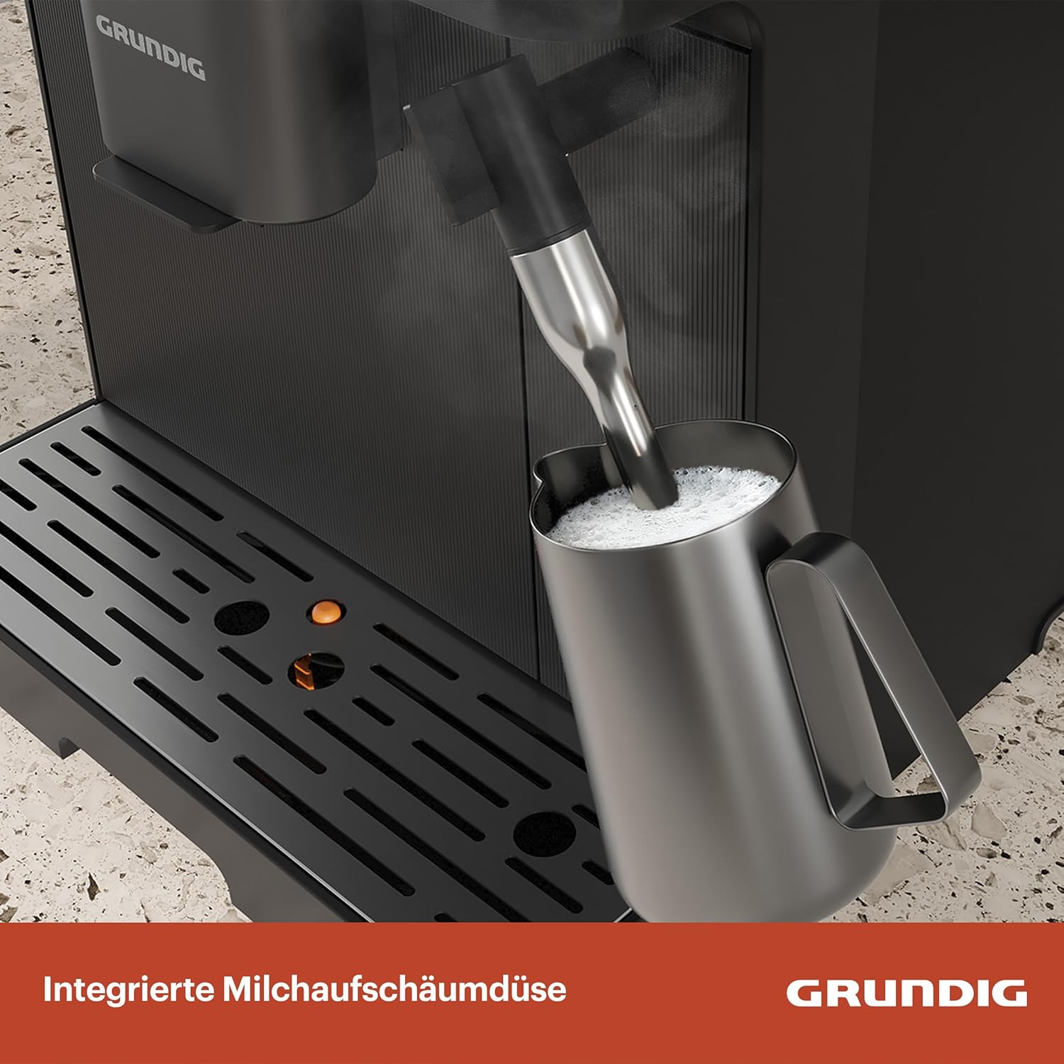 GRUNDIG KVA 7230 volautomatische koffiemachine, 10 koffiespecialiteiten, 13 maalfijnheden, melkreservoir, krachtig 1350 W, 19 bar pompdruk, dubbele uitloop, verlichting, Zwart/Donkerzilver