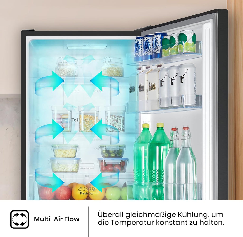 Hisense RB327N4AD2 koel-vriescombinatie/ NoFrostPlus/ Multiflow 360°/ HolidayMode/ FreshZone/ 182,4 cm/ koelgedeelte 171 l/ vriesgedeelte 85 l/ 41 dB/ 287 kWh/ jaar/ roestvrijstalen look
