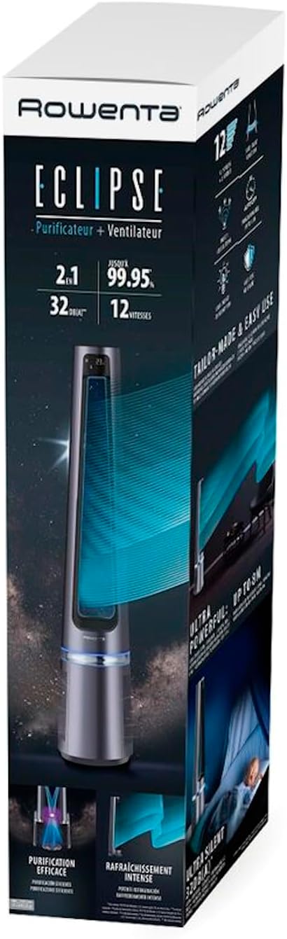 Rowenta QU5062 Eclipse 3in1 Luchtreiniger, ventilator, kachel, filtert 99,9% van de deeltjes, voor kamers tot 30 m2, snelle verwarming tot 35°C, automatische dag- en nachtmodus, zwart/grijs