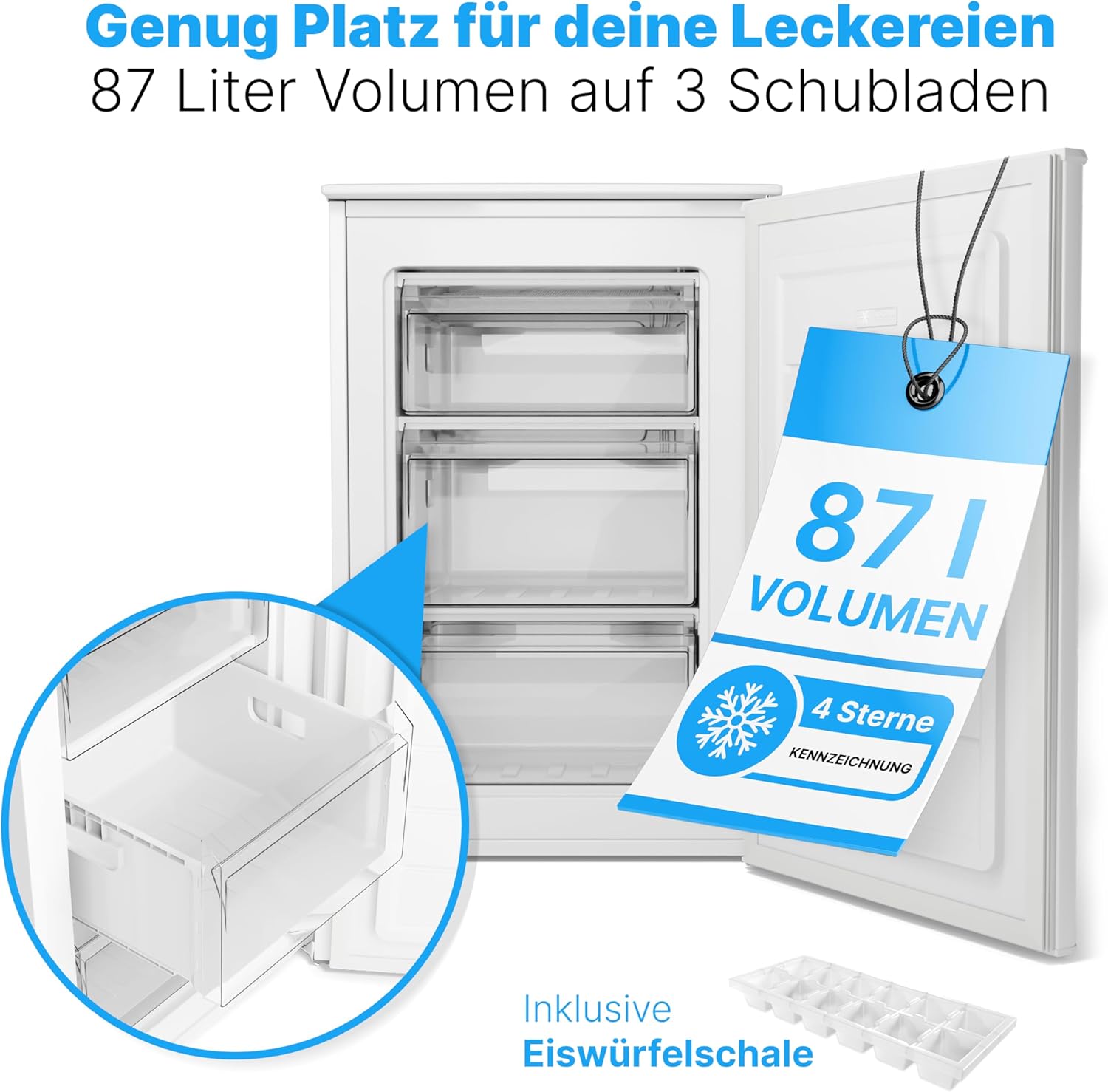 Bomann® Vriezer 87L | Kleine vriezer met temperatuurbereik ≤ -18°C | 3 laden | Vriezer met verwisselbare deuraanslag | Kleine vriezer GS 7253 wit