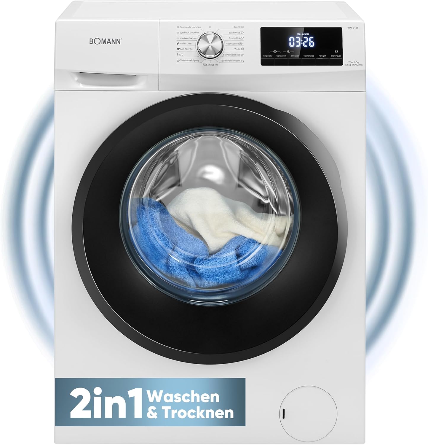 Bomann® Wasdroogcombinatie | Wassen en drogen in één cyclus | 8 kg wassen, 5 kg drogen | Inverter motor | 1400 tpm | Stoomfunctie | Geïntegreerde wasmachine met droger | WAT 7186 wit