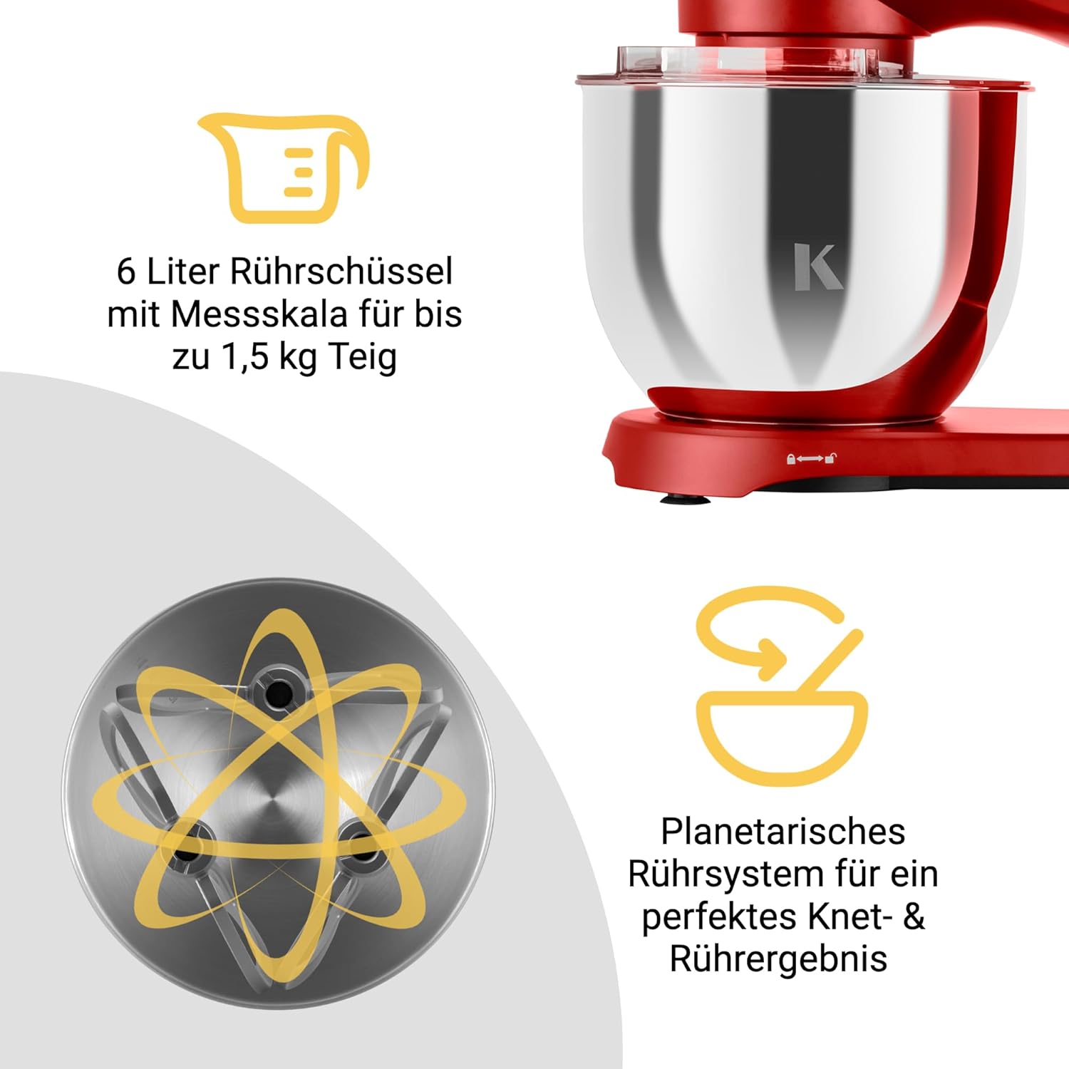 KLAMER Keukenmachine 1800W, Kneedmachine Brooddeeg met RVS Mengkom 6 L, 10 Snelheden met Timer, Planetaire Menging, Klopper, Deeghaak, Garde & Spatscherm (zwart)