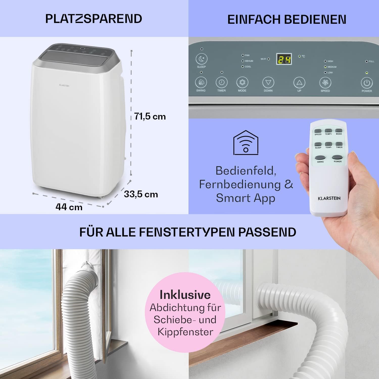 Klarstein Mobiele Airconditioning met Afvoerslang, 3-in-1 Airco met Ventilator, Luchtontvochtiger & Nachtmodus, Kleine & Draagbare Airco voor Thuis & Kantoor, 12000 BTU Laag Verbruik