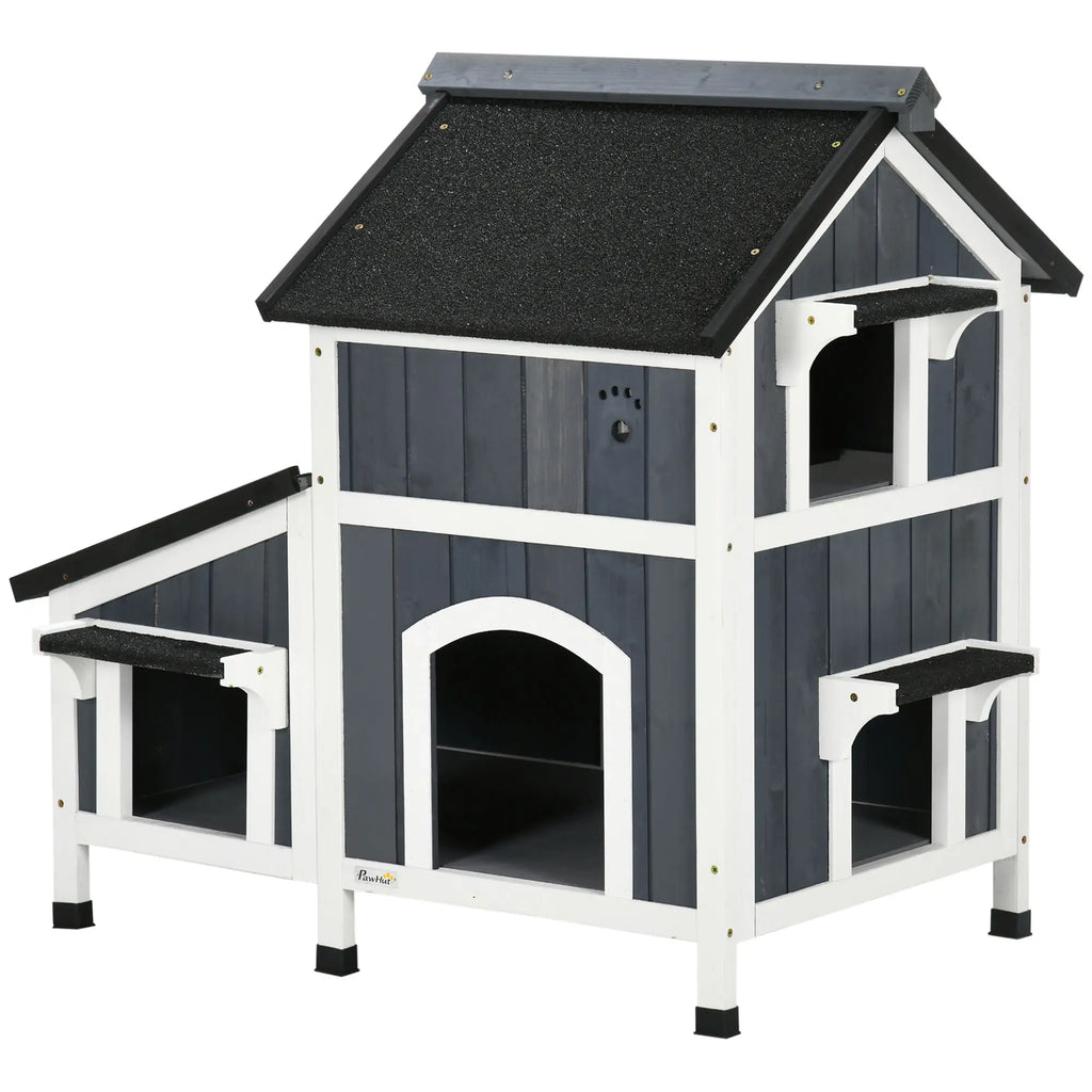 PawHut Outdoor Katzenhaus 2 Etagen mit Asphaltdach Blumenkasten