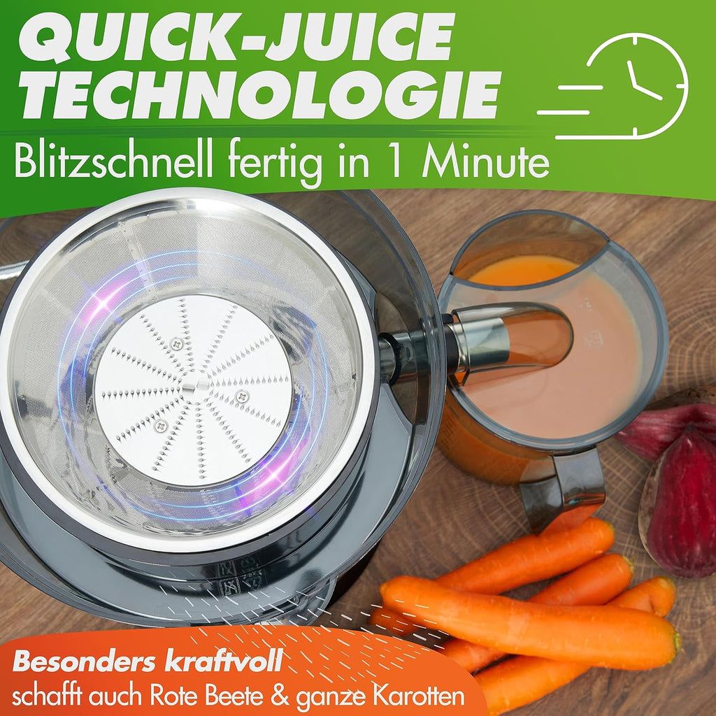Nutrilovers *Testwinnaar* QUICK-JUICER Sapcentrifuge RVS Fruit en Groenten I XXL-vulling voor hele vruchten persen, 800W, 2 snelheden, BPA-vrij incl. drinkfles + receptenboek & app