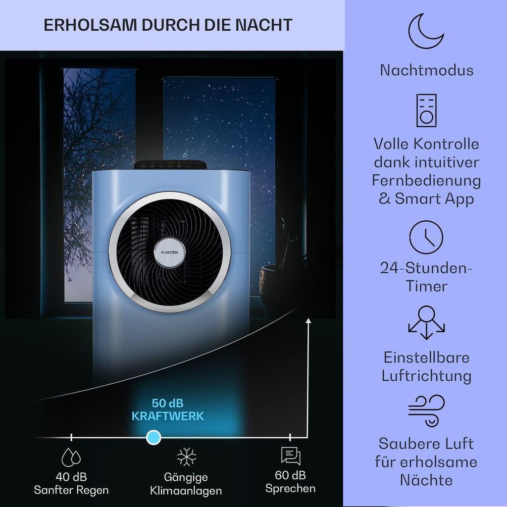 Klarstein Mobile Klimaanlage mit Abluftschlauch, 5-in-1 Klimagerät, Ventilator, Luftentfeuchter, Luftreiniger & Nachtmodus, App-Steuerung, Kleine & Portable, für Wohnung & Büro, 12000 BTU
