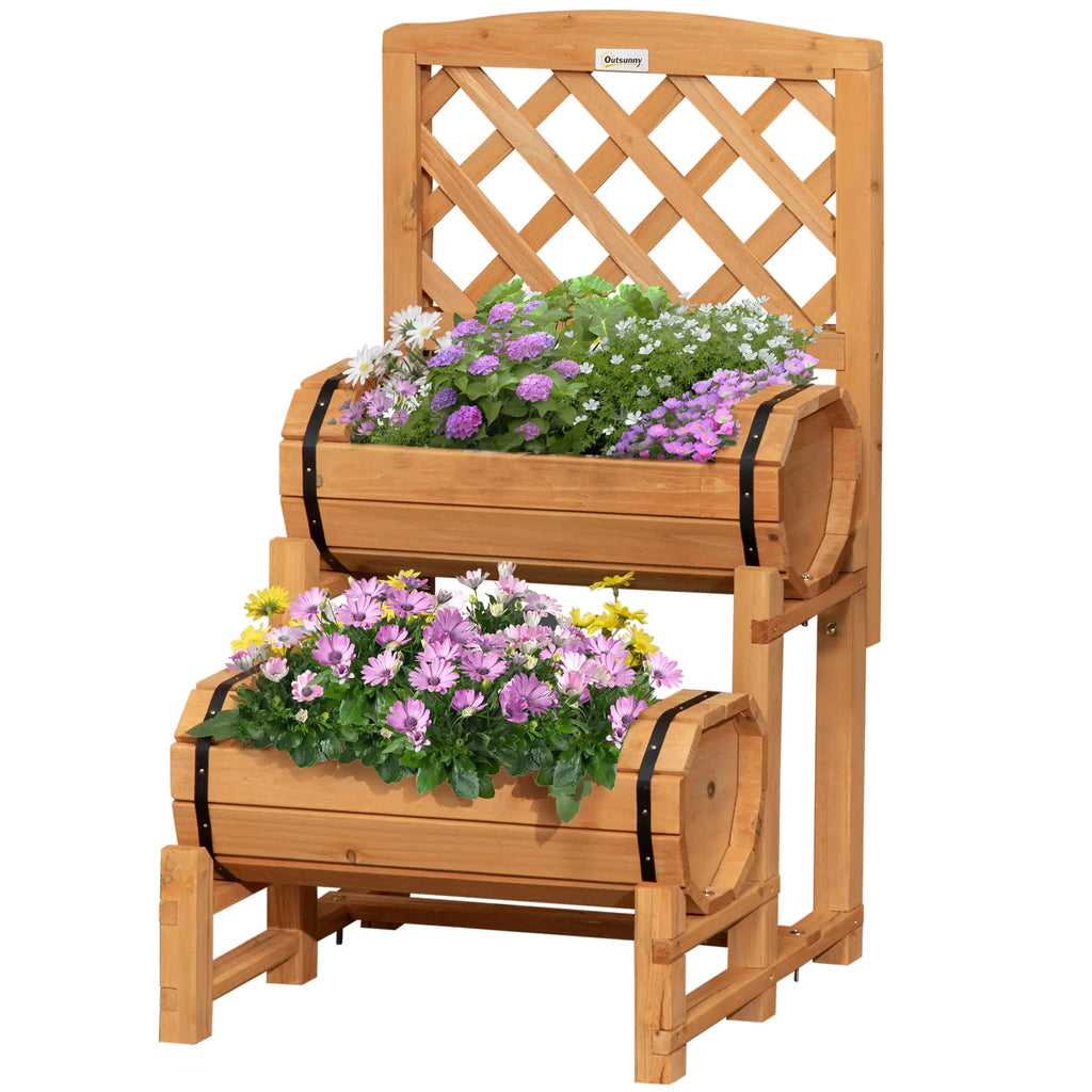Outsunny Kweekbak bloementrap rustiek vat-design met klimrek massief hout