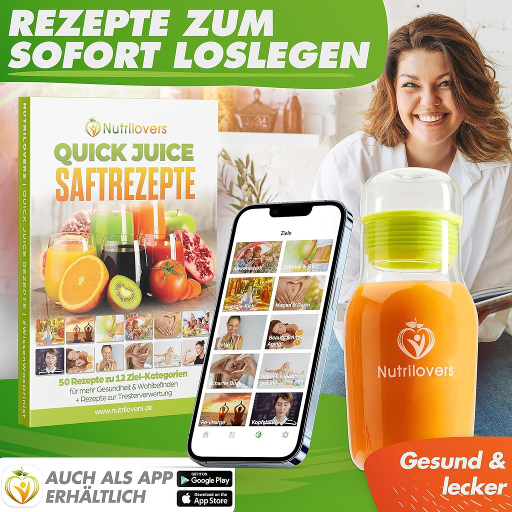 Nutrilovers *Testwinnaar* QUICK-JUICER Sapcentrifuge RVS Fruit en Groenten I XXL-vulling voor hele vruchten persen, 800W, 2 snelheden, BPA-vrij incl. drinkfles + receptenboek & app