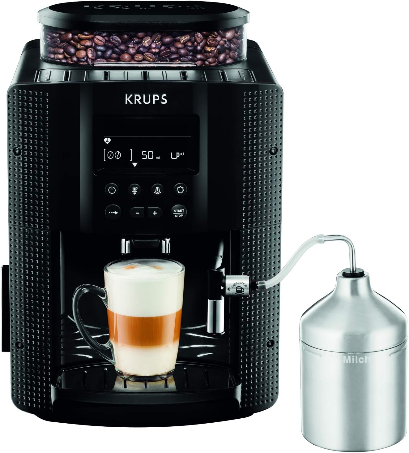 Krups Essential volautomatische espressomachine met melkslang, 2-kopsfunctie, LCD-display, eenvoudige reiniging, koffiezetapparaat, TÜV-keurmerk, zwart, EA816031