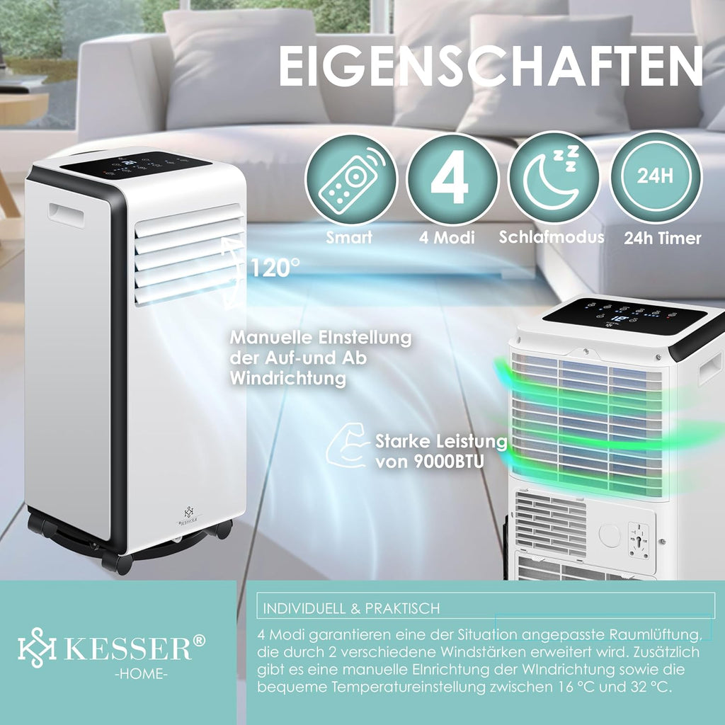 KESSER® Mobiele airco 4-in-1 koelen | Luchtontvochtiger ventileren | Ventilator 9000 BTU/u 1005W | Mobiele airconditioning met montagemateriaal, afstandsbediening & timer | Nachtmodus & 360° wielen
