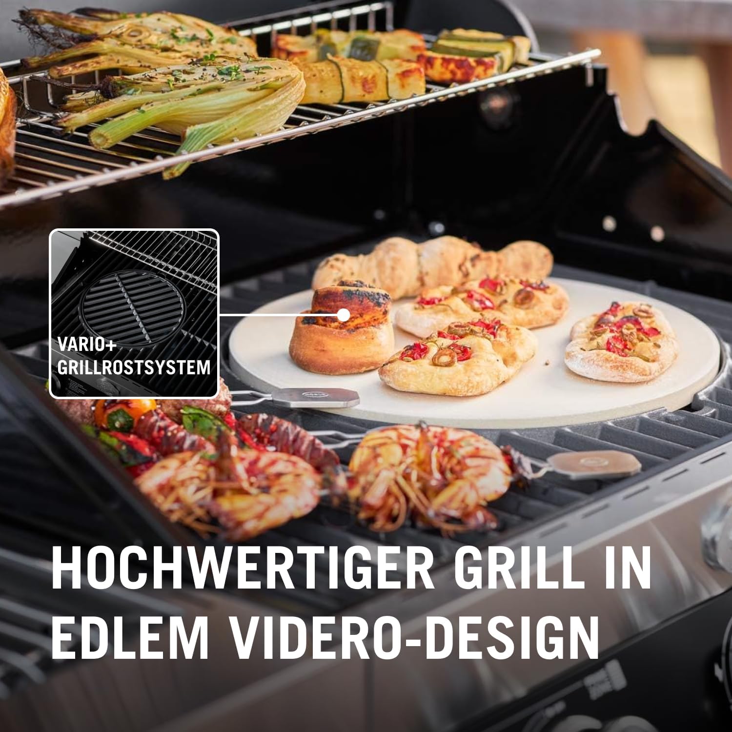 RÖSLE Elektrische BBQ-grill Portable Videro E2-P, draagbare tafelgrill met 2 branders, warmhoudrooster en deksel met glasplaat, gepoedercoat staal, zwart/zilver