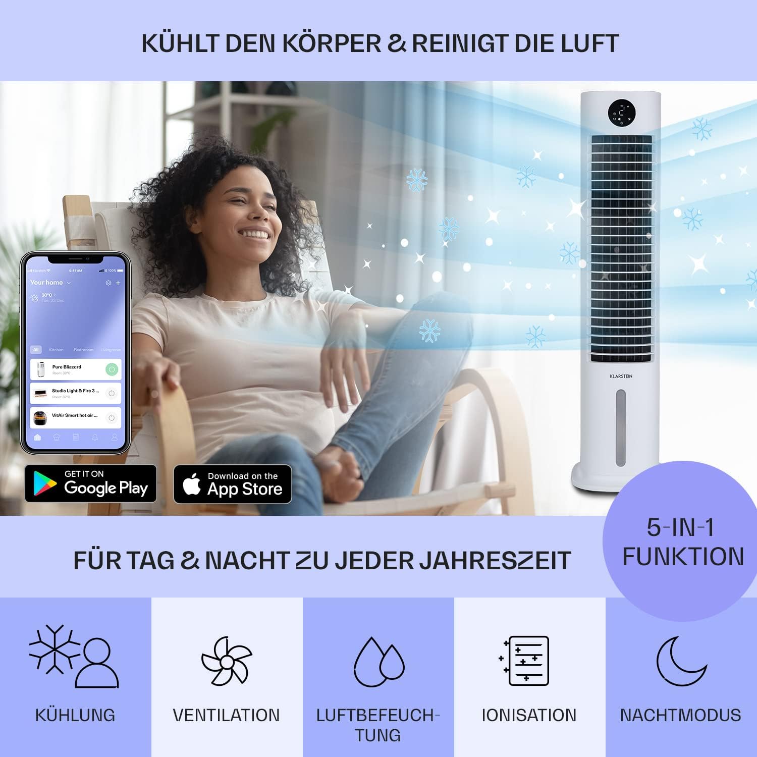 Klarstein Luchtkoeler met Waterkoeling, 5-in-1 Verdampingskoeler, Luchtbevochtiger, Ventilator & Luchtreiniger, Mobiele Airconditioner Luchtkoeler met App-Bediening, 80W Air Cooler, 462m³/h Luchtstroom, Wit