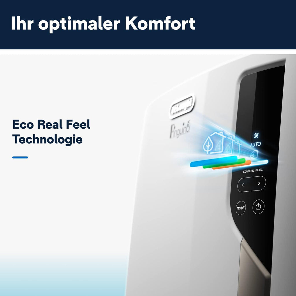 De'Longhi Pinguino PAC EM82, Mobiele airconditioner voor ruimtes tot 80 m, 9.400 BTU, 2,4 kW, 63 dB, Ontvochtigingsfunctie, Energieklasse A, 24-uurs timer, Wit