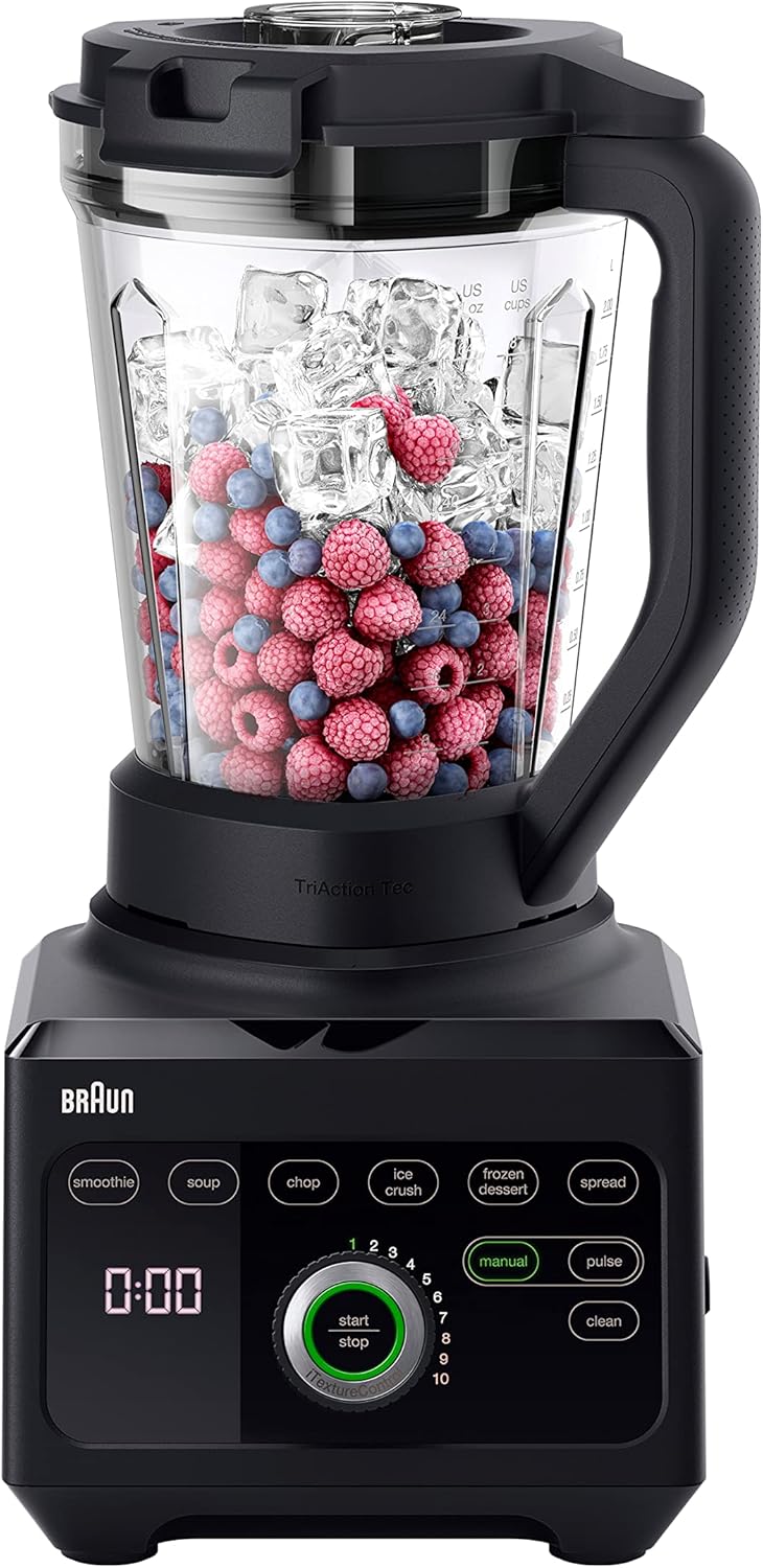 Braun PowerBlend 9 JB9040 Krachtige Blender – Blender met Tritan kan, 18 mixprogramma's, 10 snelheden + pulsfunctie, hete soepfunctie, reinigingsprogramma, uitschenktuit, 1600 W, Zwart