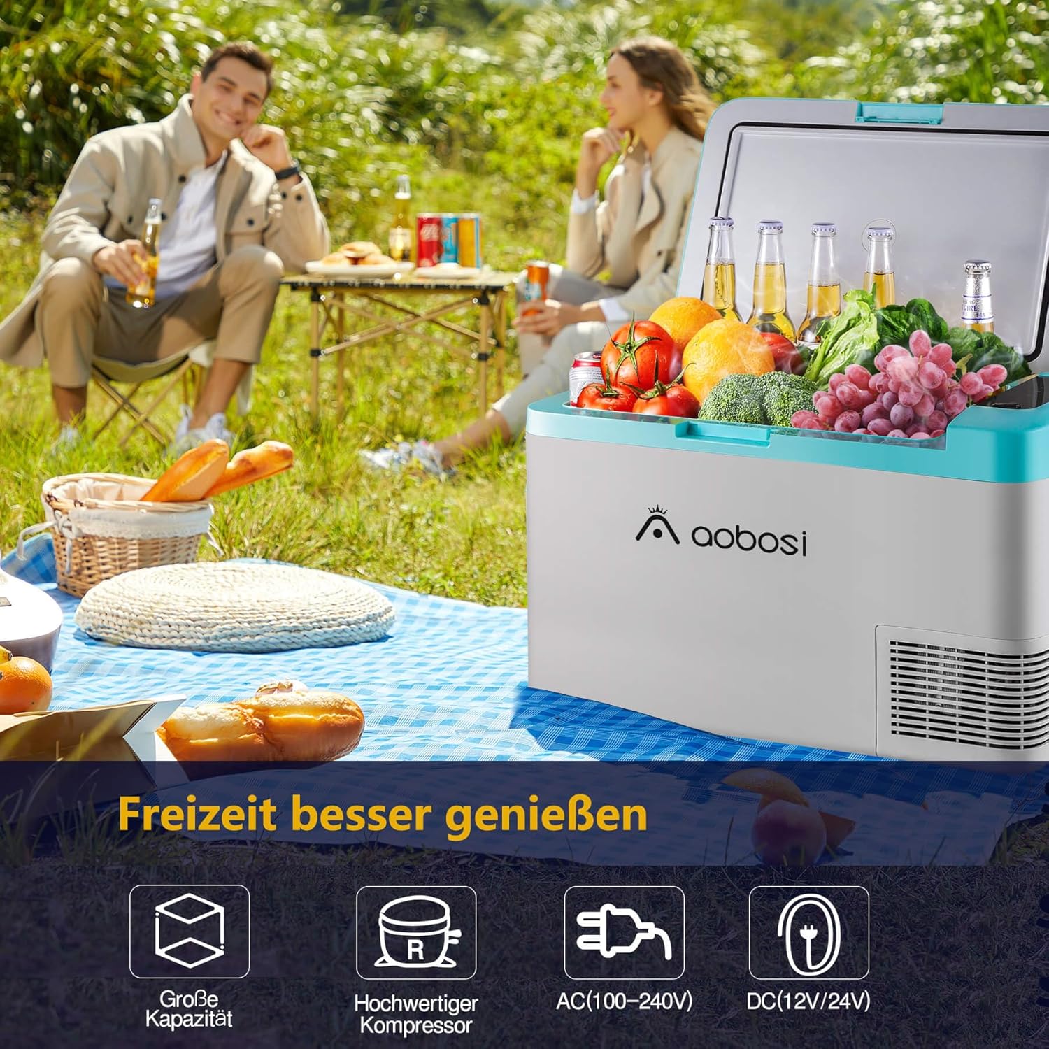 AAOBOSI Compressor Koelbox 36 L, Koelbox Auto met Wifi App Besturing, 12/24 V en 100-240 V Elektrische Koelbox, tot -20 °C voor Auto, Vrachtwagen, Boot, Camper, Camping, Dubbele Zone