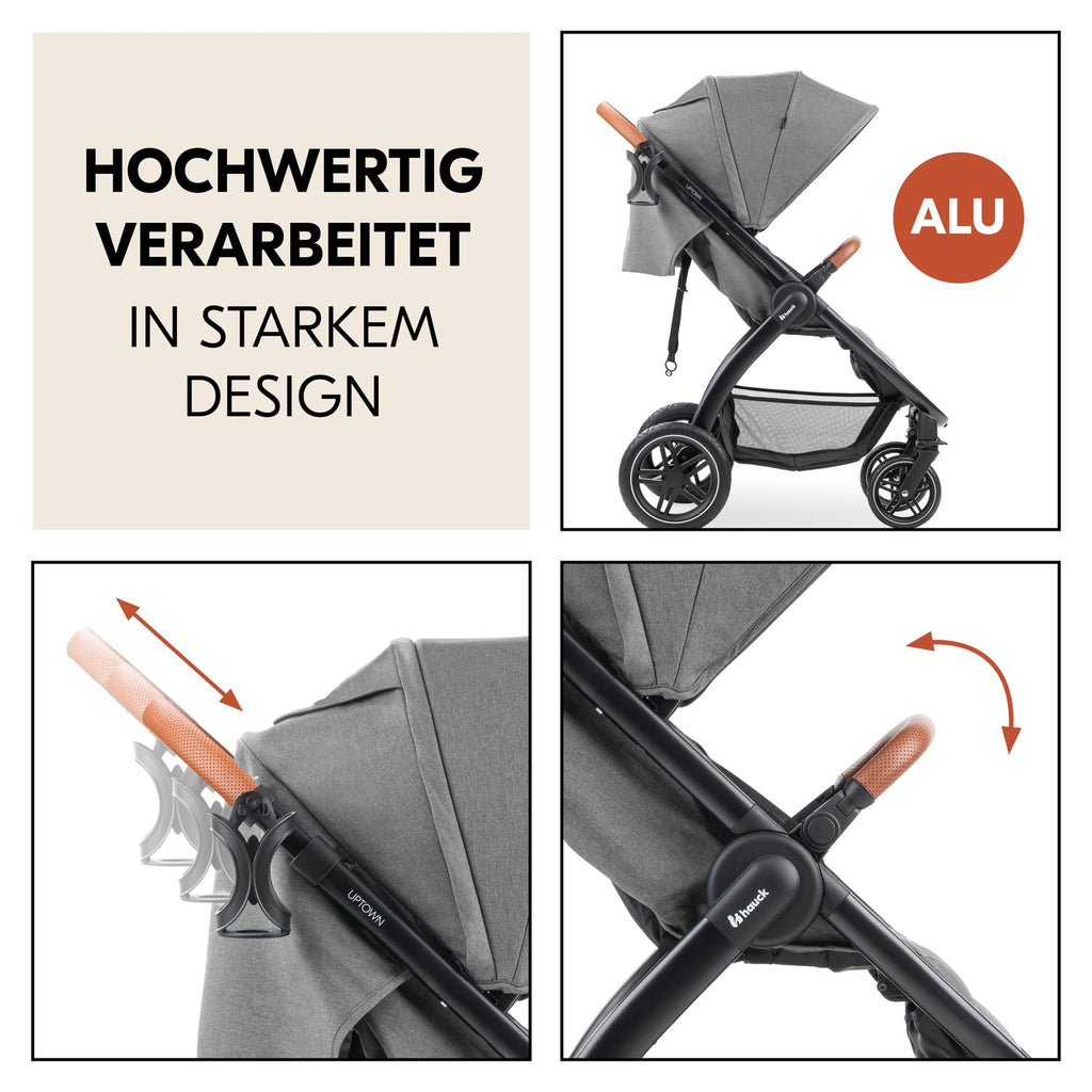 Hauck Uptown Kinderwagen Melange Rose – wandelwagen voor elk terrein, extra grote zitting, vlakke ligstand, rubberen wielen, vering, compact en eenvoudig inklapbaar, met regenhoes