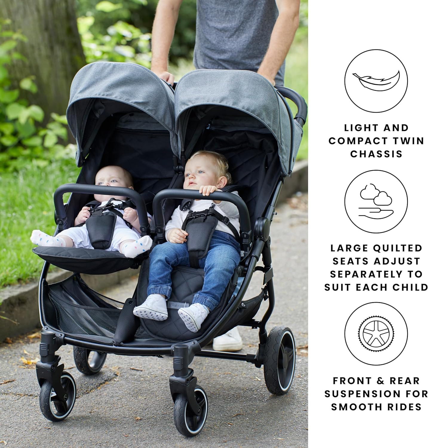 Venus Max Duo Buggy - geschikt vanaf de geboorte tot 15 kg (ongeveer 3 jaar), compacte, lichte, opvouwbare tweelingbuggy, inclusief regenhoes en voetenzak (Biscuit)
