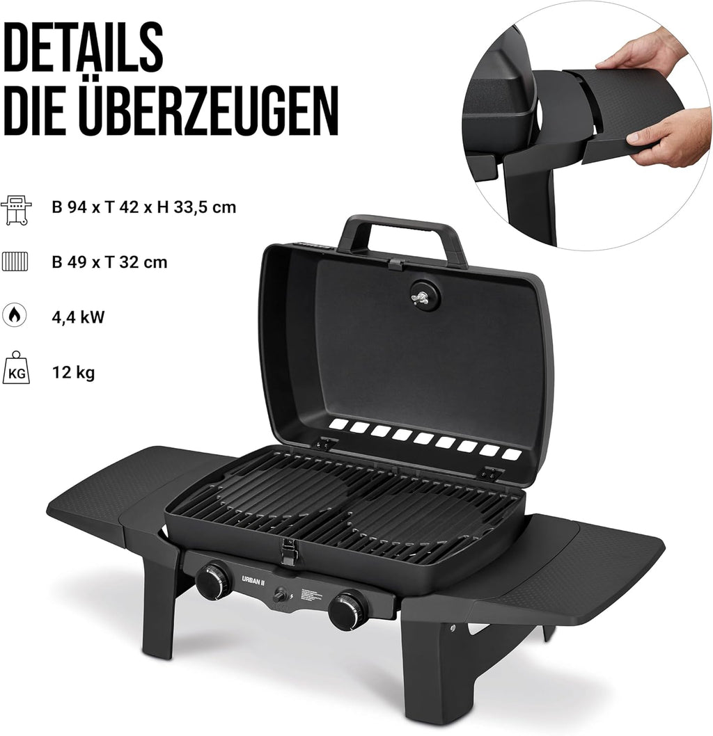Enders Gasbarbecue Urban II Pro, tafelbarbecue, grill-, kook- en bakfunctie, 2 branders RVS, met grillthermometer, balkon-, campingbarbecue, gegoten aluminium behuizing, gietijzeren rooster, #2062