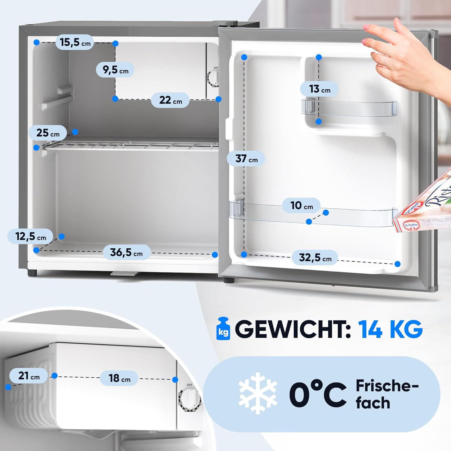 Stillstern minikoelkast E 45L met automatische ontdooiing, slot, vriesvak, stil, ideaal voor keuken, kantoor, slaapkamer, hotels en kleine appartementen, kleine koelkast, minibar, drankenkoelkast
