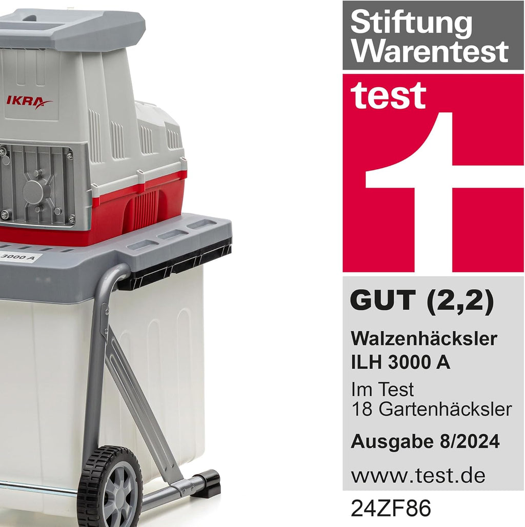 IKRA 81002880 elektrische tuinhakselaar rolhakselaar ILH 3000 A, stil, robuust, onderhoudsarm, sterk 3.000 watt, takdikte tot 44 mm, 230 V