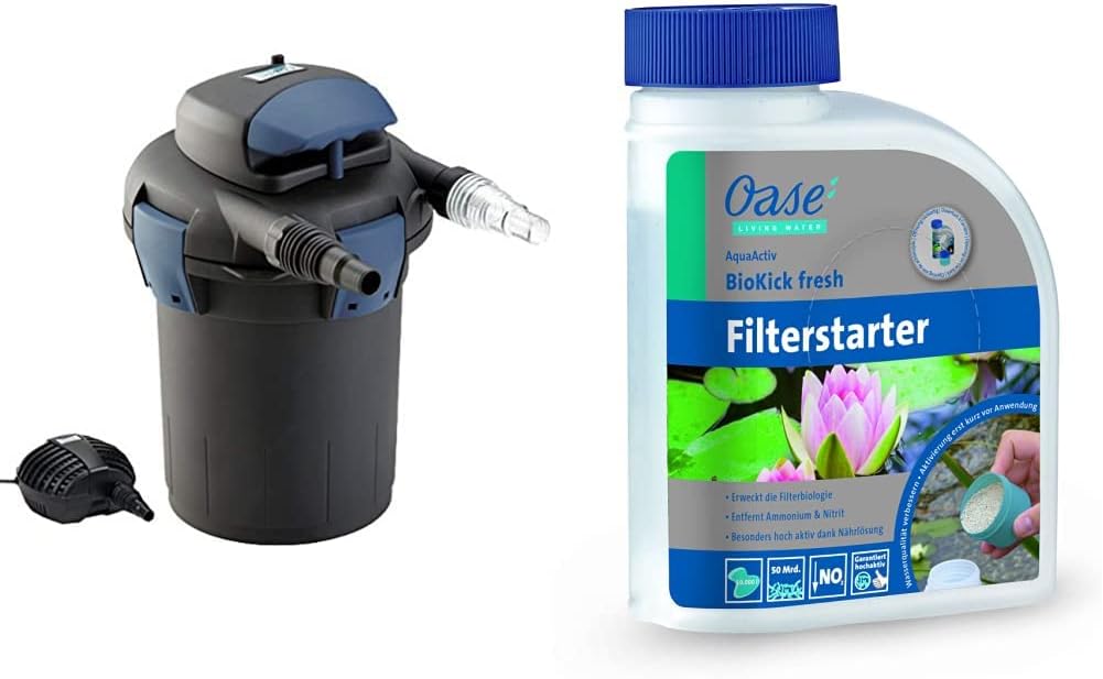 OASE 50499 Drukfilter BioPress Set 4000, vijverfilter filterset voor effectieve en snelle algenbestrijding, complete set incl. filterpomp en UVC-reiniger