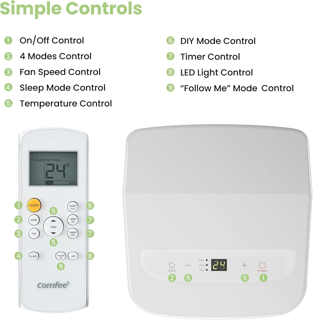 Comfee Mobiele Airco MPPH-09CRN7, 9000 BTU 2,6kW, Koelen&Ventileren&Ontvochtigen, Ruimtegrootte tot 88m³(33㎡), Mobiele Airconditioner met Afvoerslang