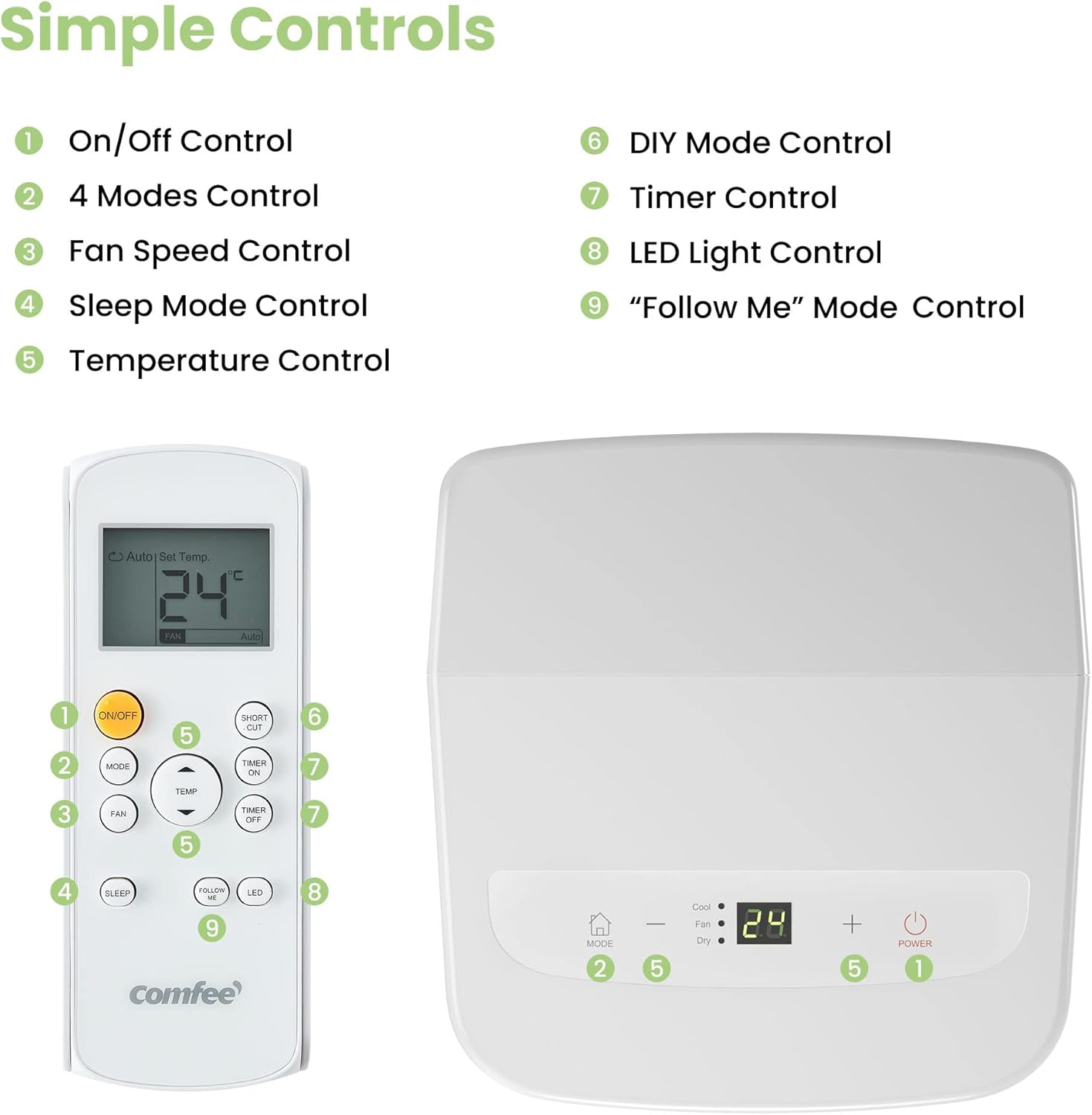 Comfee Mobiele Airco MPPH-09CRN7, 9000 BTU 2,6kW, Koelen&Ventileren&Ontvochtigen, Ruimtegrootte tot 88m³(33㎡), Mobiele Airconditioner met Afvoerslang