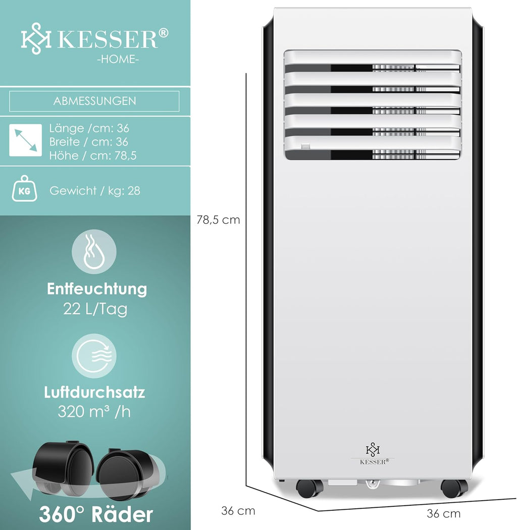 KESSER® Mobiele airco 4-in-1 koelen | Luchtontvochtiger ventileren | Ventilator 9000 BTU/u 1005W | Mobiele airconditioning met montagemateriaal, afstandsbediening & timer | Nachtmodus & 360° wielen