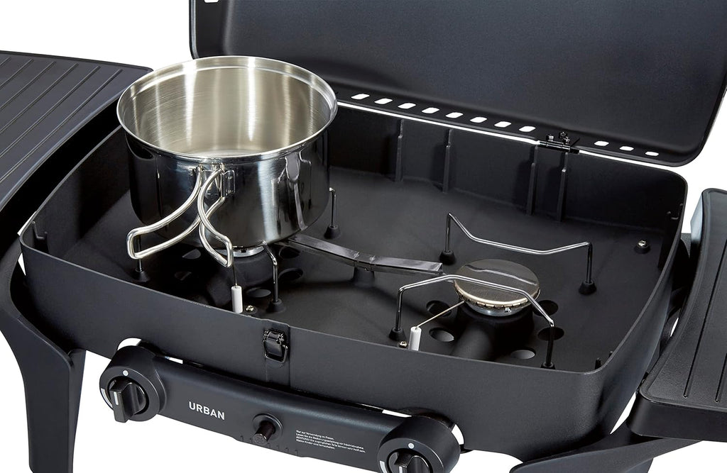 Enders Gasbarbecue Urban II Pro, tafelbarbecue, grill-, kook- en bakfunctie, 2 branders RVS, met grillthermometer, balkon-, campingbarbecue, gegoten aluminium behuizing, gietijzeren rooster, #2062