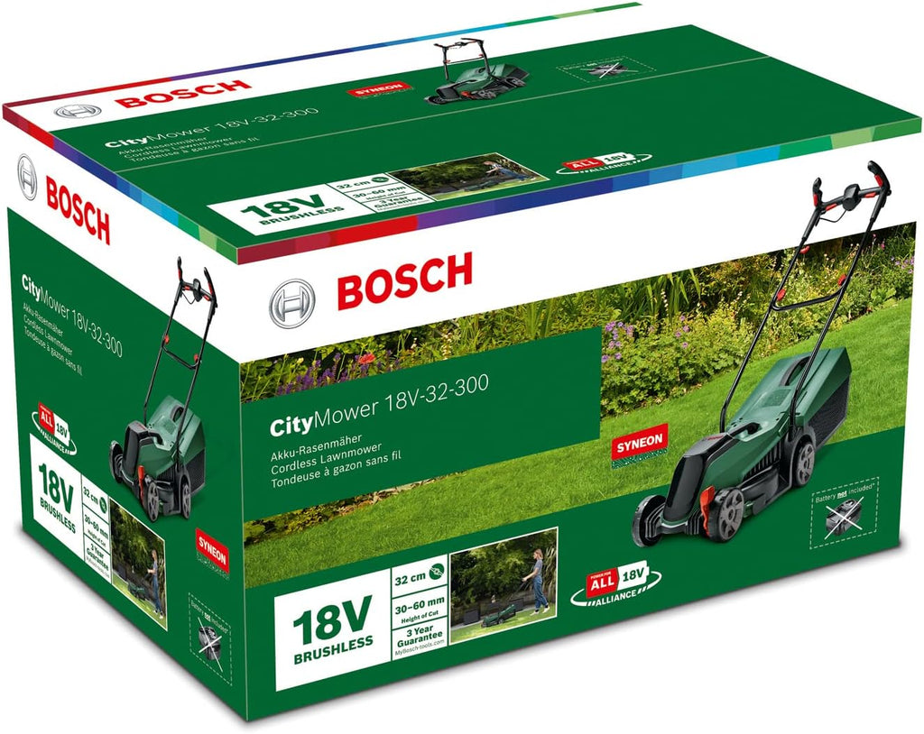 Bosch Accu grasmaaier CityMower 18V-32-300 (18 Volt, 1x accu 4,0 Ah, maaibreedte: 32 cm, gazonoppervlakken tot 300 m², in doos)
