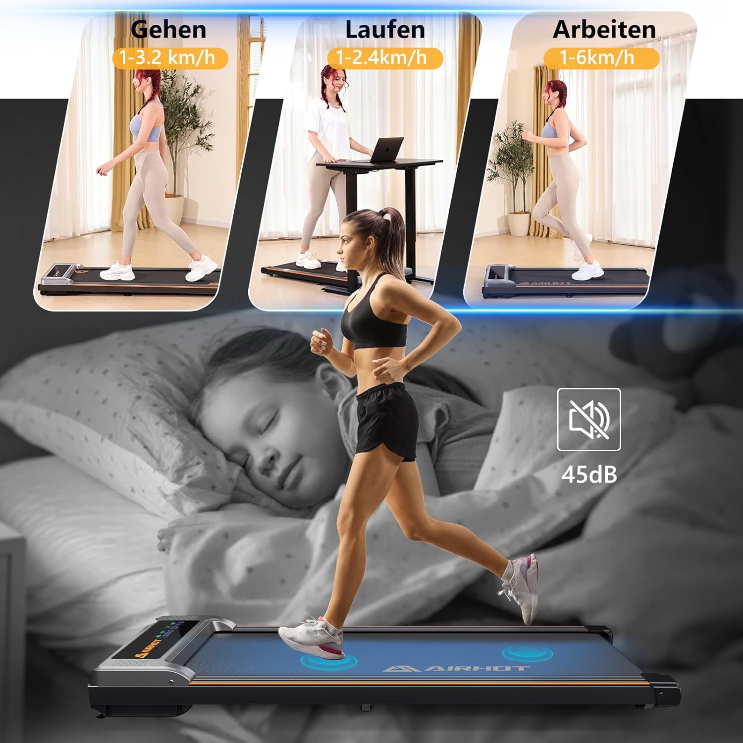 Loopband voor thuis-AIRHOT, 2,5 pk Walking Pad, loopband onder bureau met afstandsbediening en LED-display, maximale snelheid van 6 km/u OF 12 km/u. Compacte loopband voor thuis of op kantoor
