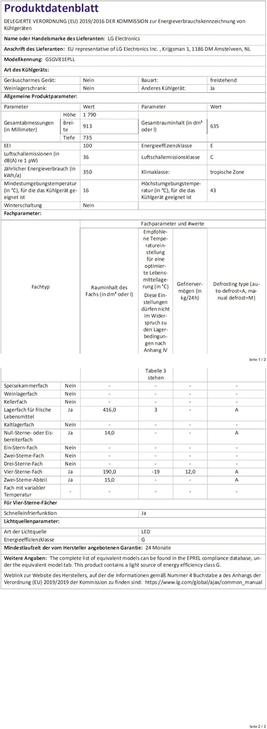 LG GSGV81PYLL Side by Side Kühlschrank, Klasse E, 635 L, Instaview, Kühlschrank mit Gefrierfach, Eis-, Crushed Ice- Wasserspender, Total NoFrost, Smart Inverter Kompressor, Wi-Fi