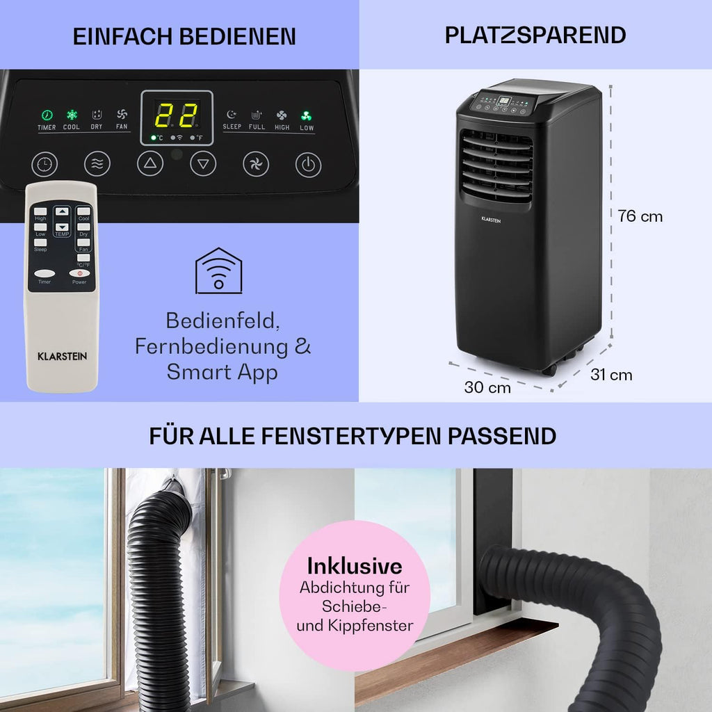 Klarstein Airconditioner, 4-in-1 Airconditioningsysteem, Luchtontvochtiger, Ventilator & Nachtmodus, Mobiele airconditioner met afvoerslang, App-bediening, Airconditioner voor ruimtes tot 44 m², 9000 BTU, Wit