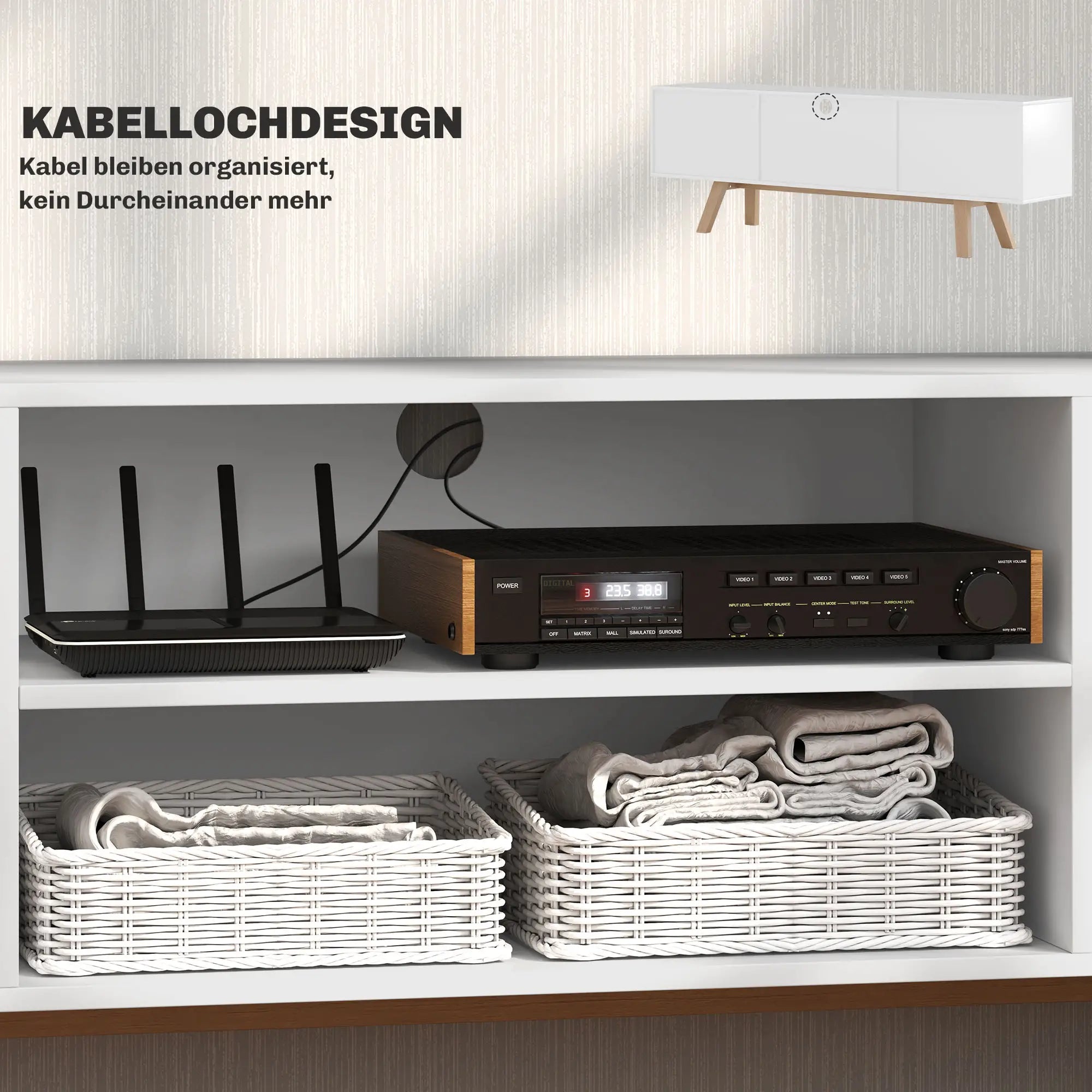 HOMCOM TV-meubel 65 inch met kabelbeheer en 2 kasten Wit