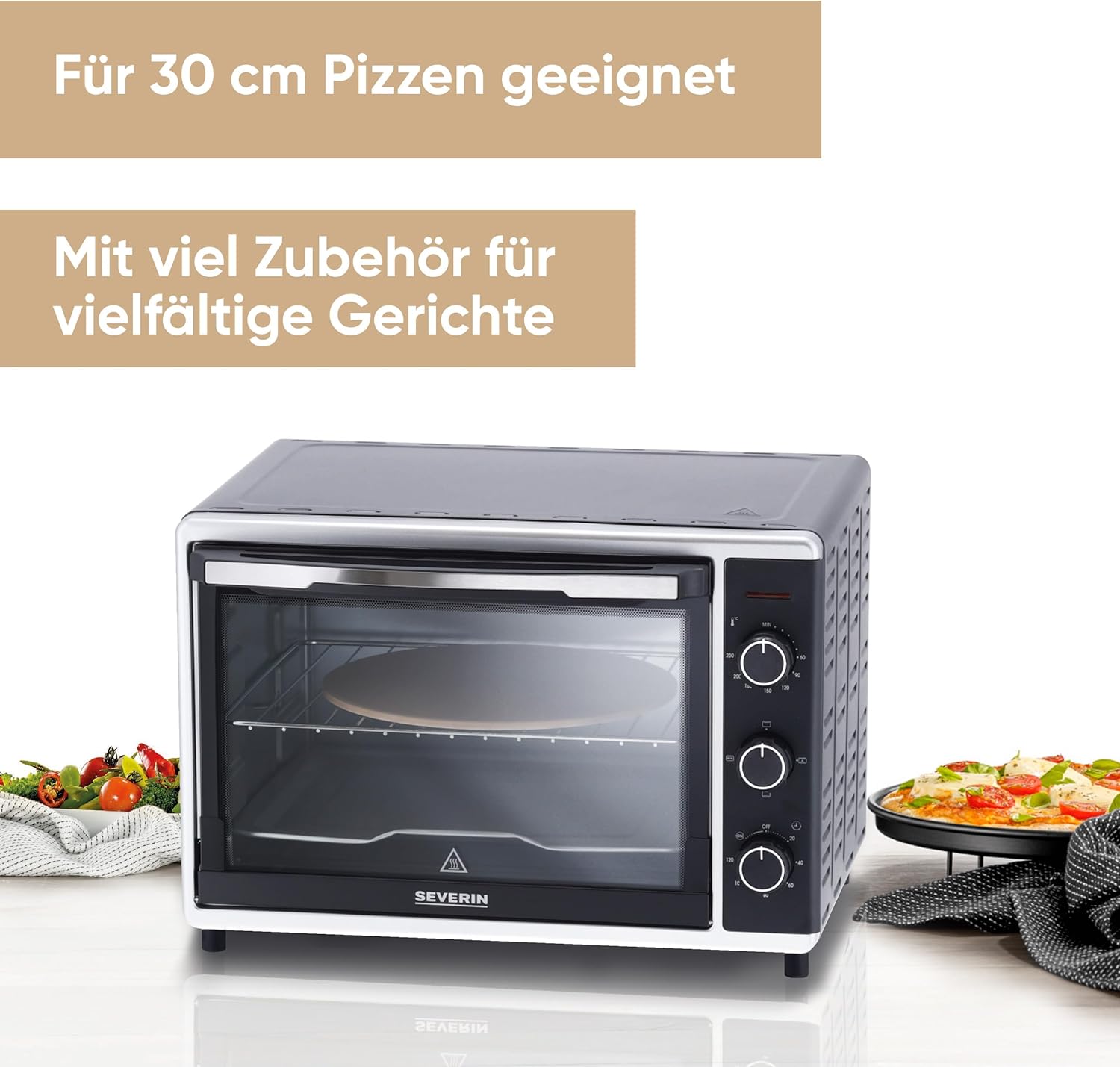SEVERIN Bak- en Toastoven met heteluchtfunctie, Mini Oven met grillrooster, bakplaat, draaispies en pizzasteen, veelzijdige heteluchtoven met 42 L inhoud, 1.800 W, zwart, TO 2058