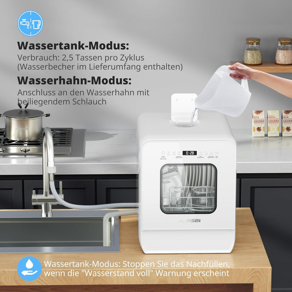 AIRMSEN Tafelvaatwasser, minivaatwasser met watertank, vaatwasser met 9 programma's, 37 x 50 cm, ultrasmal & diep, 1-24 uur timer, 360° dubbele sproeifunctie, slang/slangloos, wit (wit)