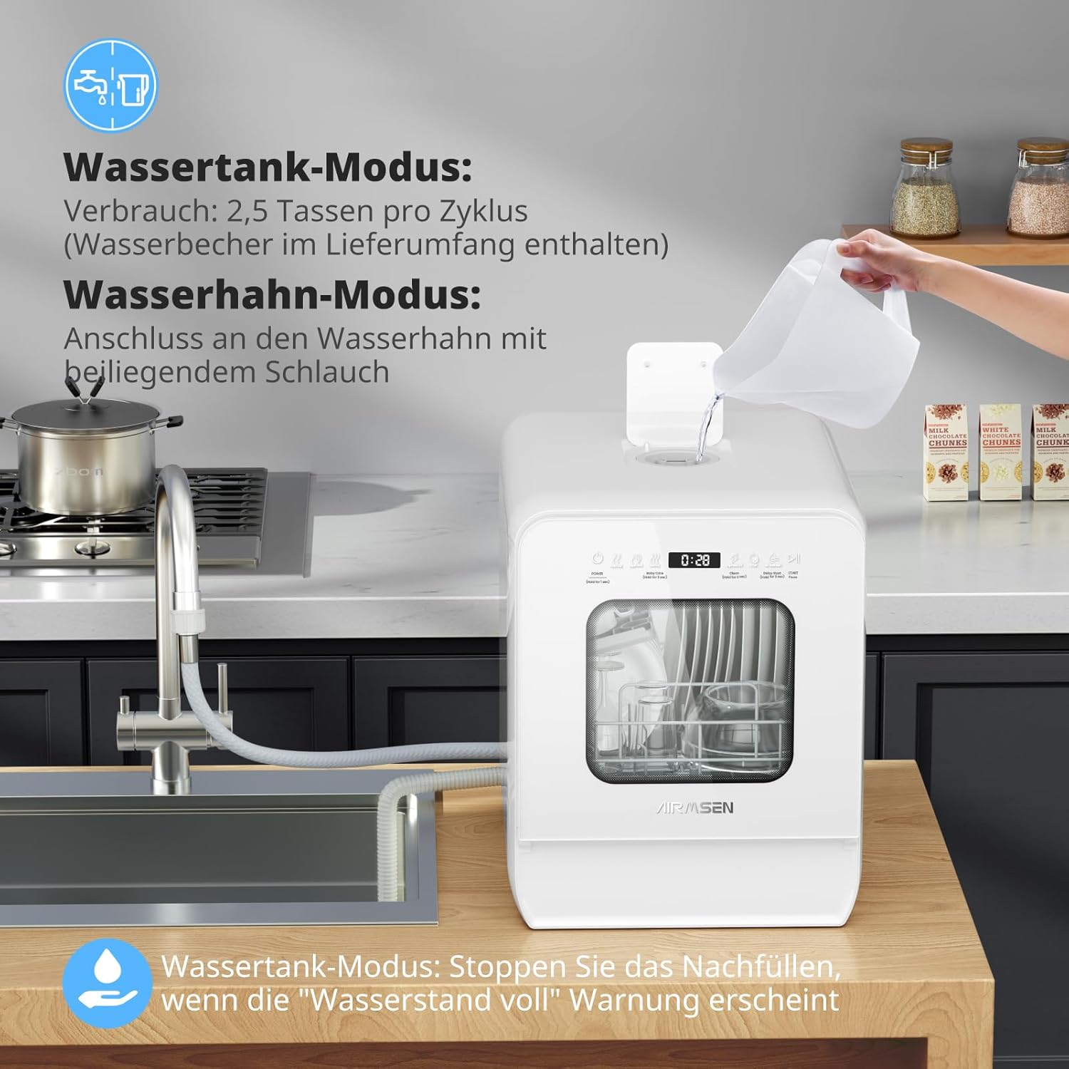 AIRMSEN Tafelvaatwasser, minivaatwasser met watertank, vaatwasser met 9 programma's, 37 x 50 cm, ultrasmal & diep, 1-24 uur timer, 360° dubbele sproeifunctie, slang/slangloos, wit (wit)