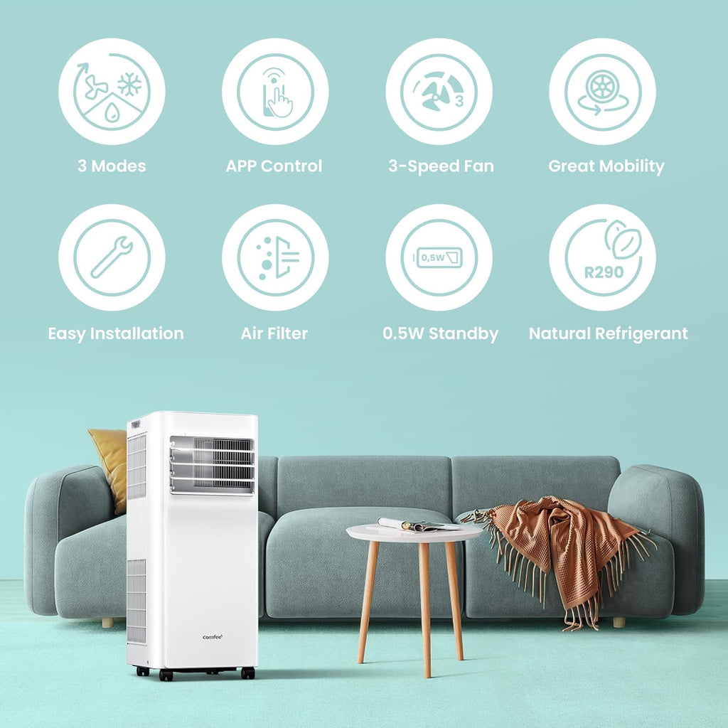 Comfee Mobiele Airco MPPH-09CRN7, 9000 BTU 2,6kW, Koelen&Ventileren&Ontvochtigen, Ruimtegrootte tot 88m³(33㎡), Mobiele Airconditioner met Afvoerslang