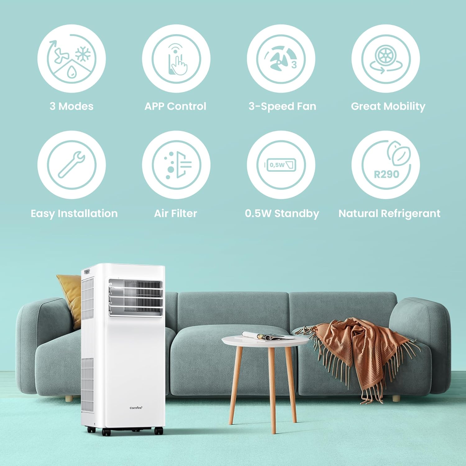 Comfee Mobiele Airco MPPH-09CRN7, 9000 BTU 2,6kW, Koelen&Ventileren&Ontvochtigen, Ruimtegrootte tot 88m³(33㎡), Mobiele Airconditioner met Afvoerslang