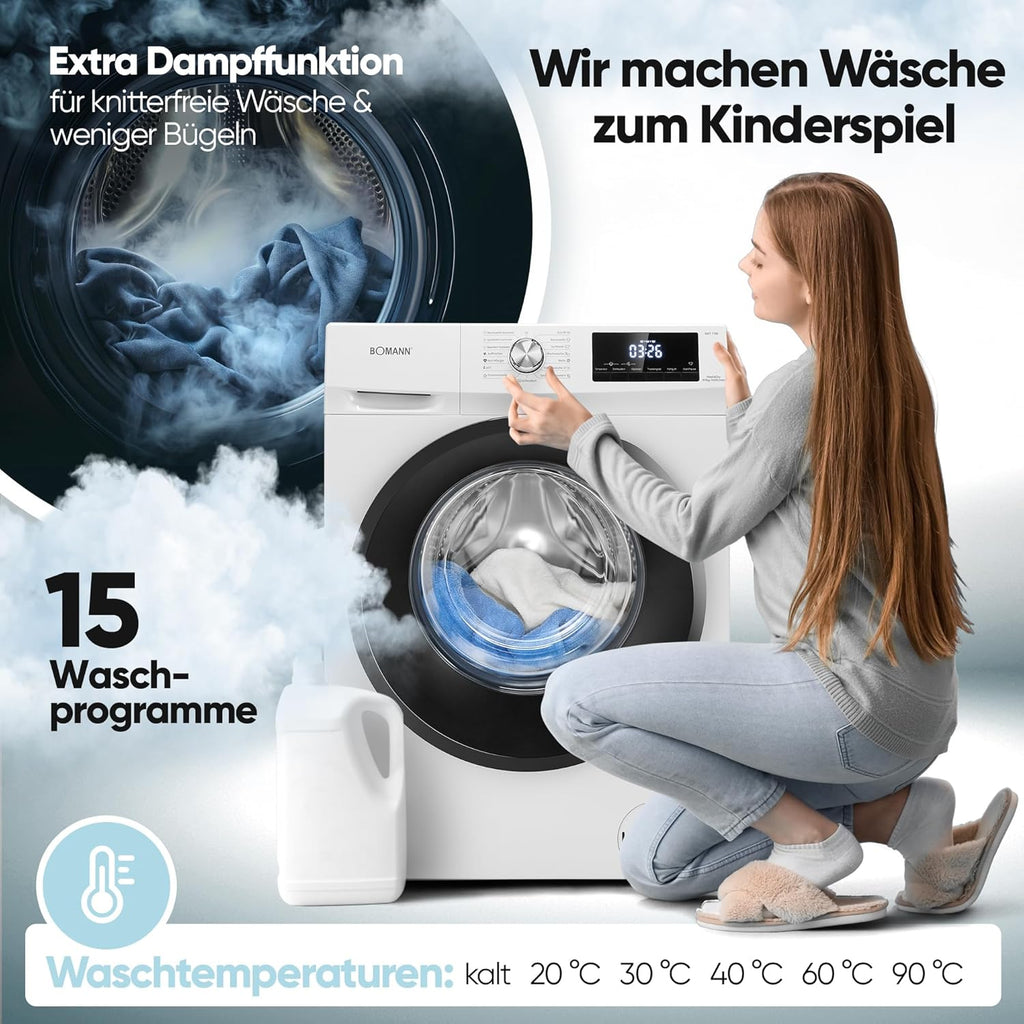 Bomann® Wasdroogcombinatie | Wassen en drogen in één cyclus | 8 kg wassen, 5 kg drogen | Inverter motor | 1400 tpm | Stoomfunctie | Geïntegreerde wasmachine met droger | WAT 7186 wit