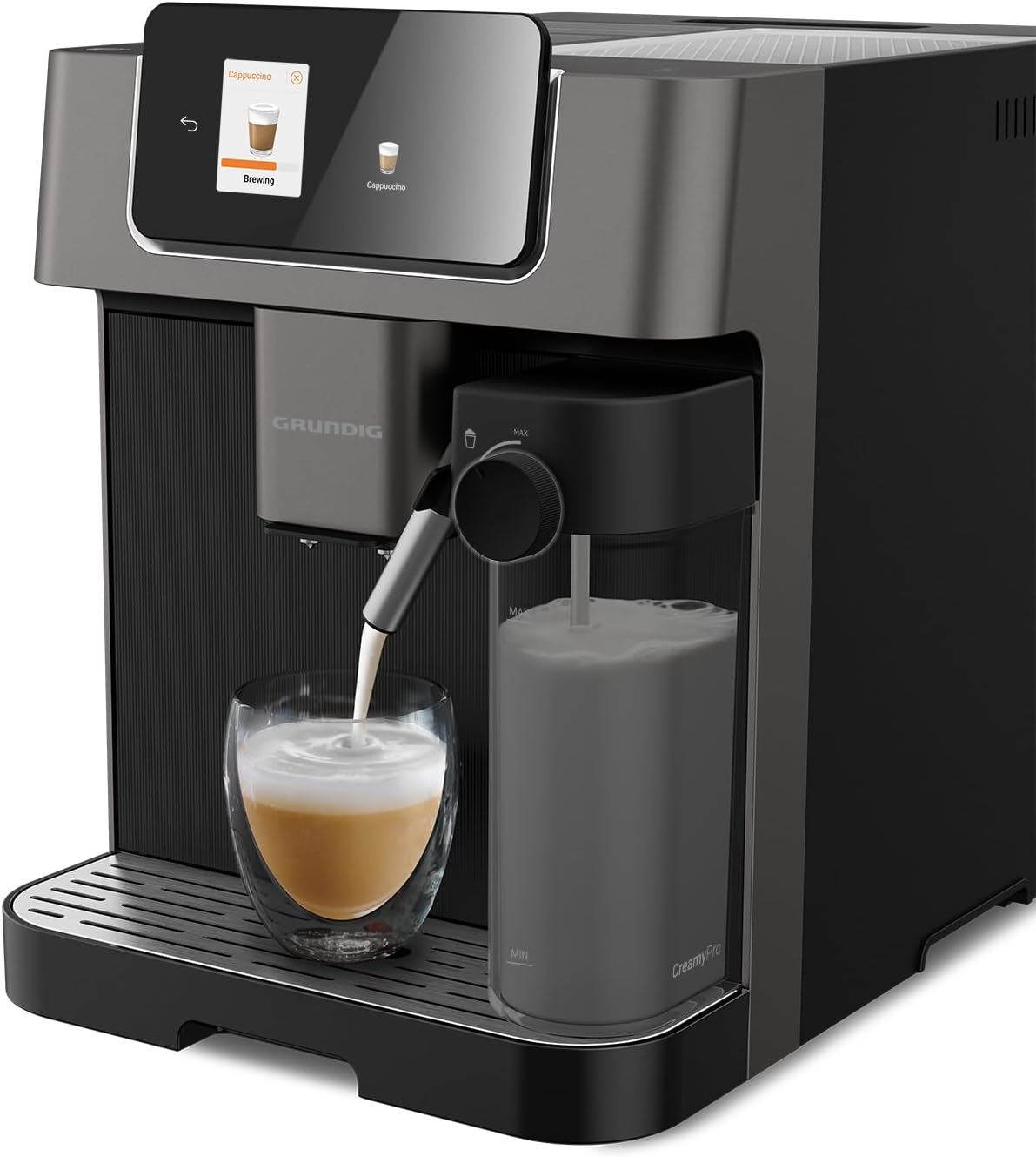 GRUNDIG KVA 7230 volautomatische koffiemachine, 10 koffiespecialiteiten, 13 maalfijnheden, melkreservoir, krachtig 1350 W, 19 bar pompdruk, dubbele uitloop, verlichting, Zwart/Donkerzilver